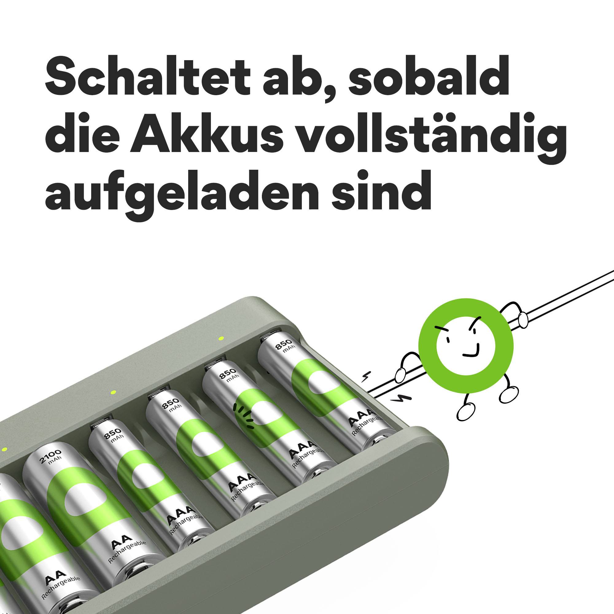 Nabíječka s šesti dobíjecími bateriemi AA. Text: Automaticky se vypne po úplném nabití akumulátorů.