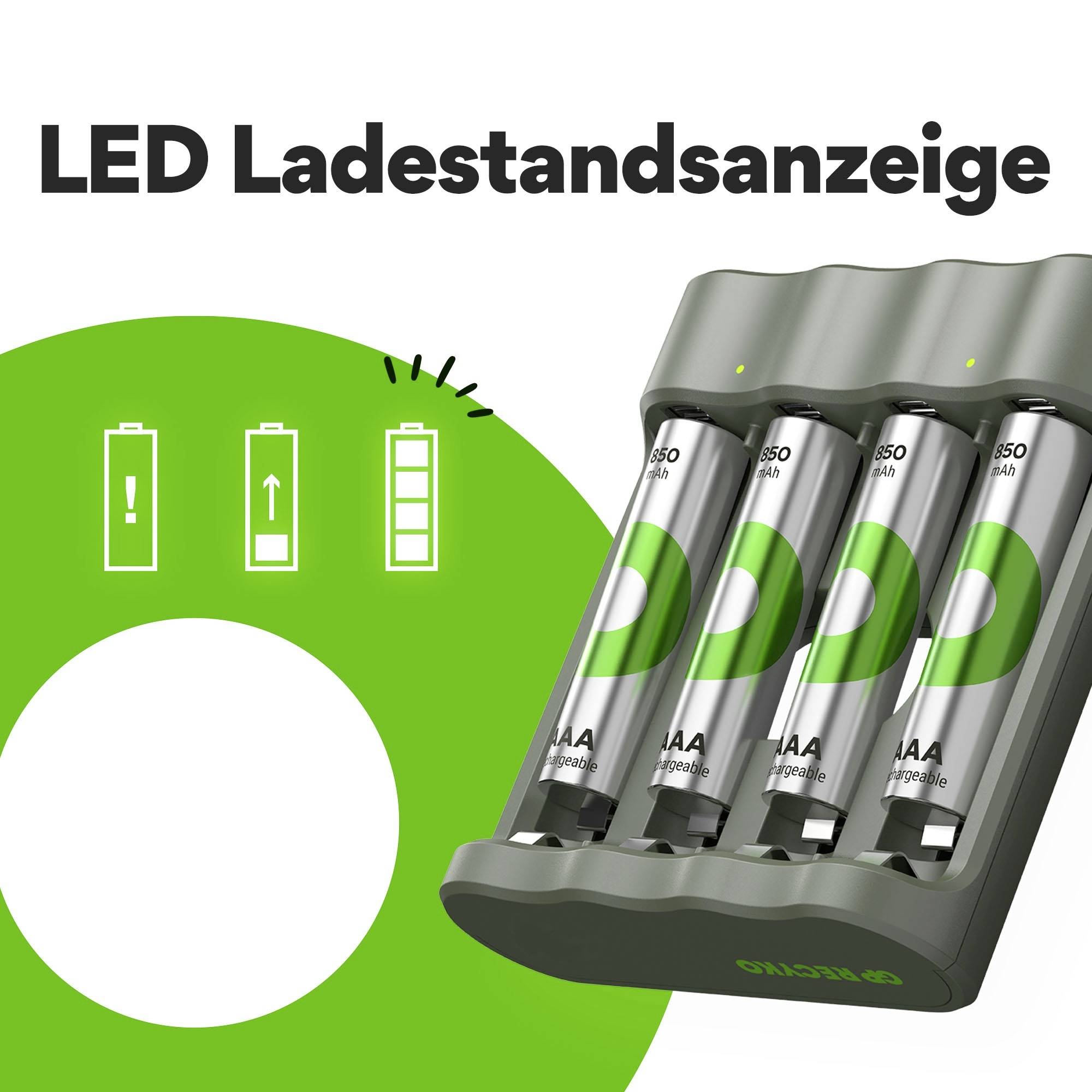 Nabíječka baterií se čtyřmi AA bateriemi a LED indikátorem stavu nabití. Vlevo symboly indikující stav baterie v různých úrovních nabití.