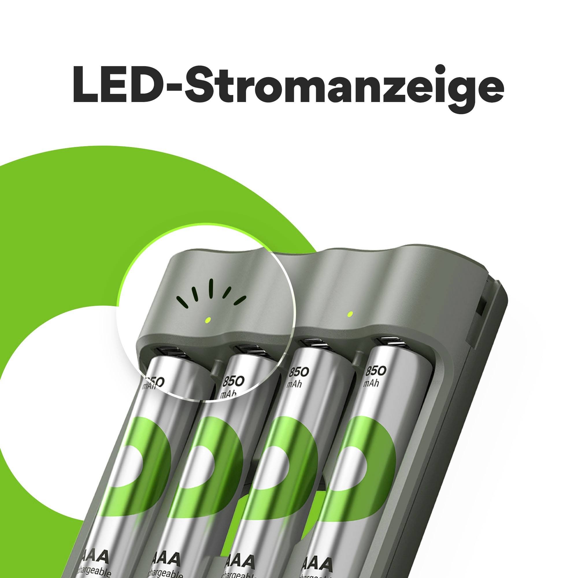 Indikátor nabíjení LED nad obrázkem alkalických baterií AA v nabíjecí jednotce se zelenou LED diodou signalizující probíhající nabíjení.