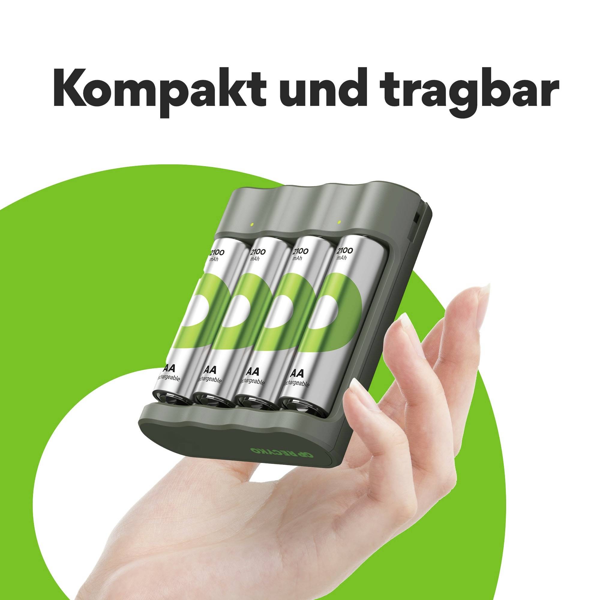 Ruka drží kompaktní, přenosnou nabíječku se čtyřmi bateriemi AA. Text: 'Kompaktní a přenosné'.