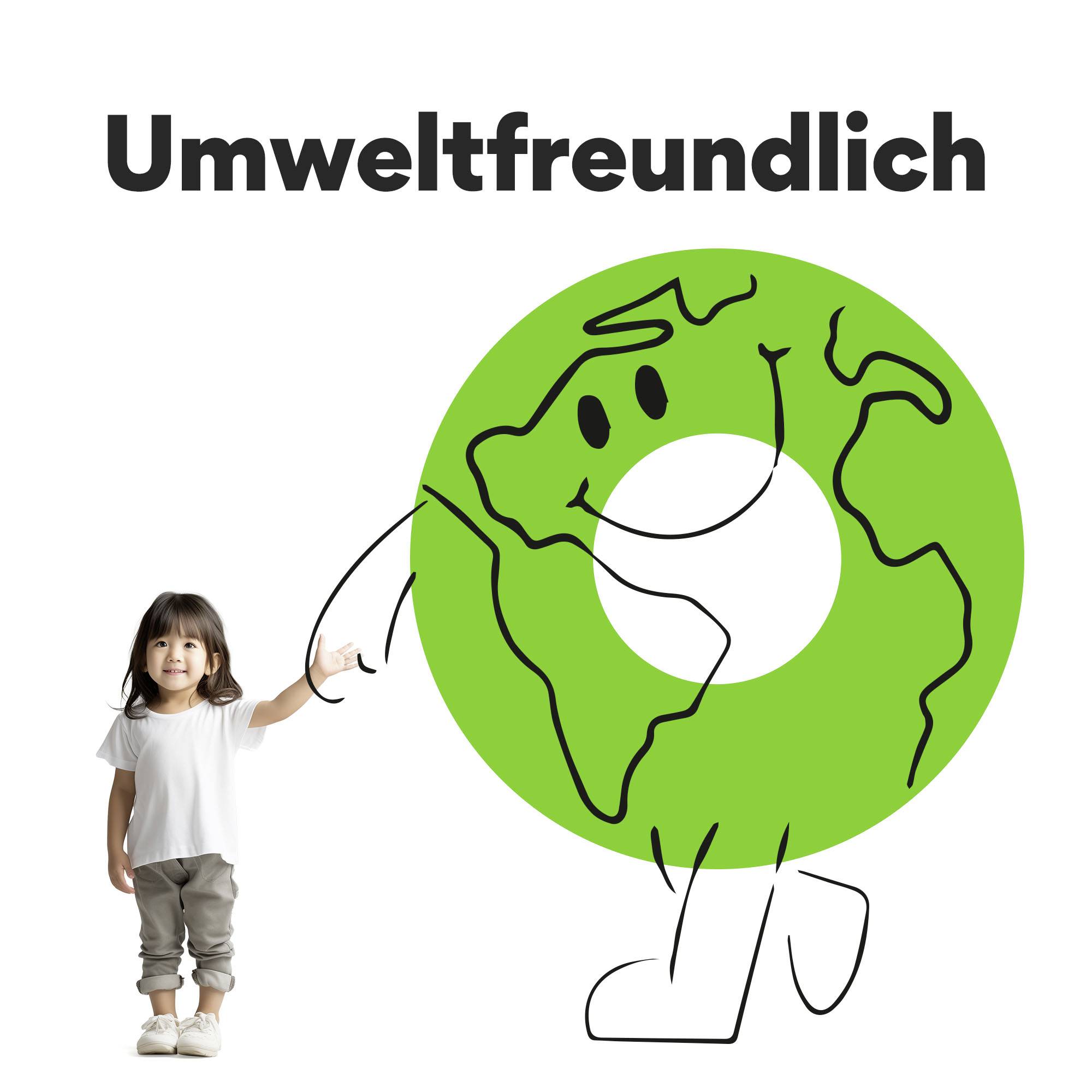 Usmívající se dítě stojí vedle zelené zeměkoule s obličejem a pažemi. Nad tím je text 'Šetrné k životnímu prostředí'.