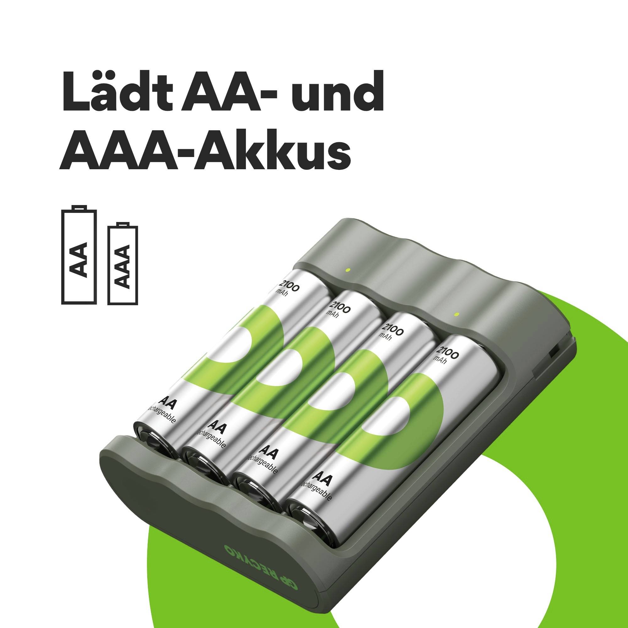 Nabíječka se čtyřmi vloženými bateriemi AA s nápisem 'Nabíjí baterie AA a AAA'.