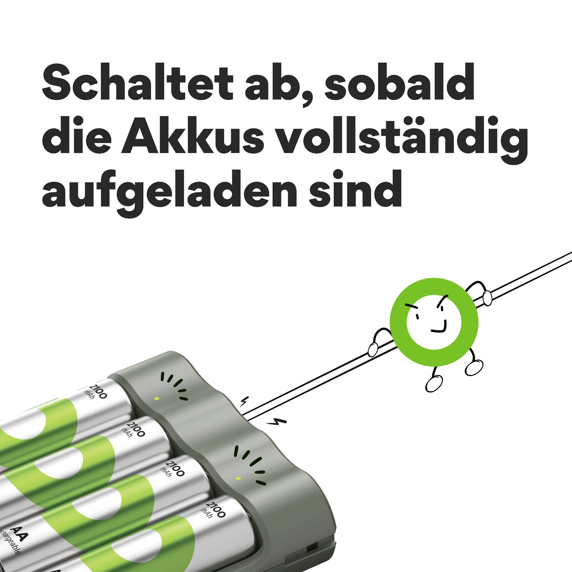 Baterie v nabíječce, která se automaticky vypne, jakmile jsou baterie zcela nabité. Smajlík s elektrickým kabelem.