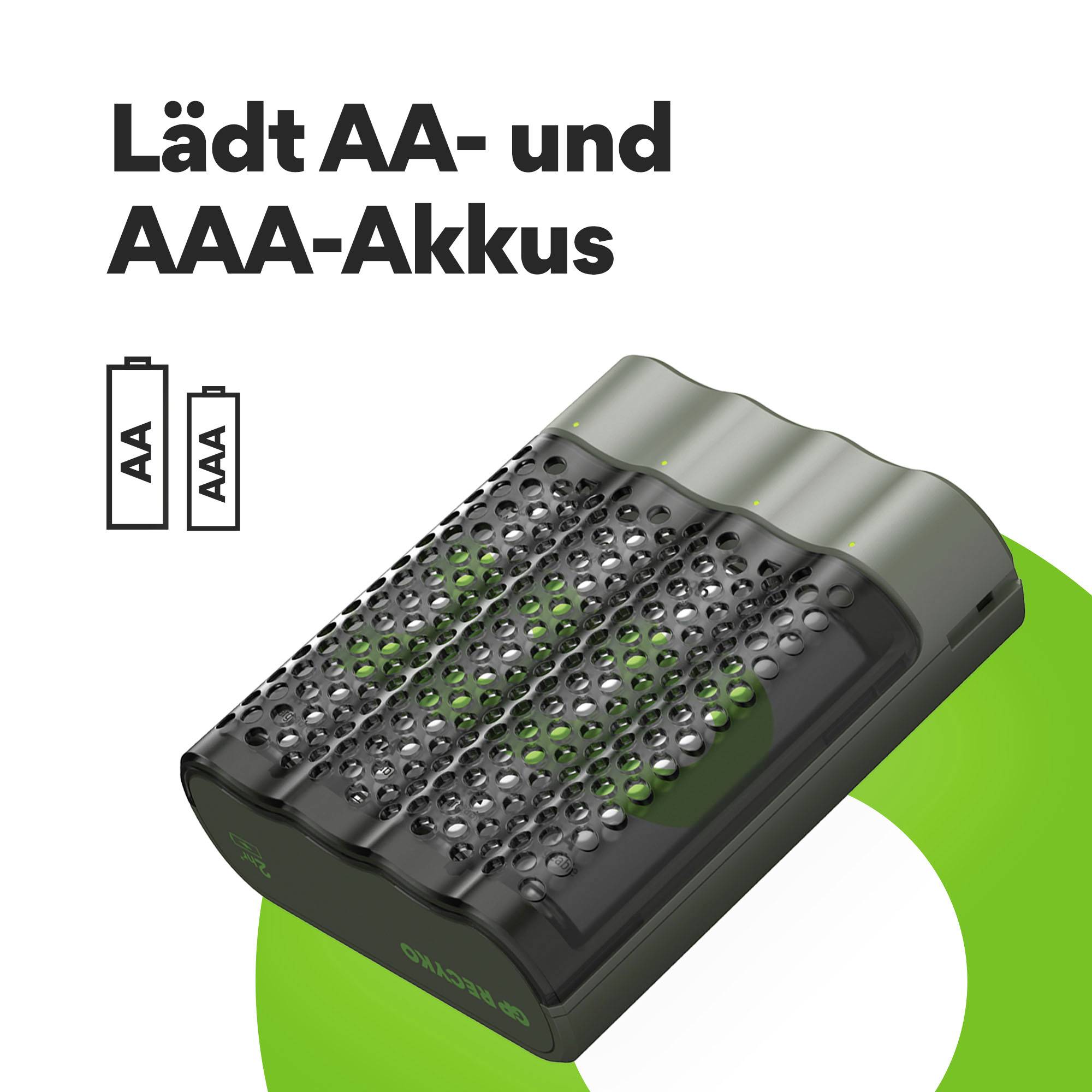 Nabíječka s vloženými AA akumulátory. Text: 'Nabíjí AA a AAA akumulátory'. Ikony pro AA a AAA baterie vedle.