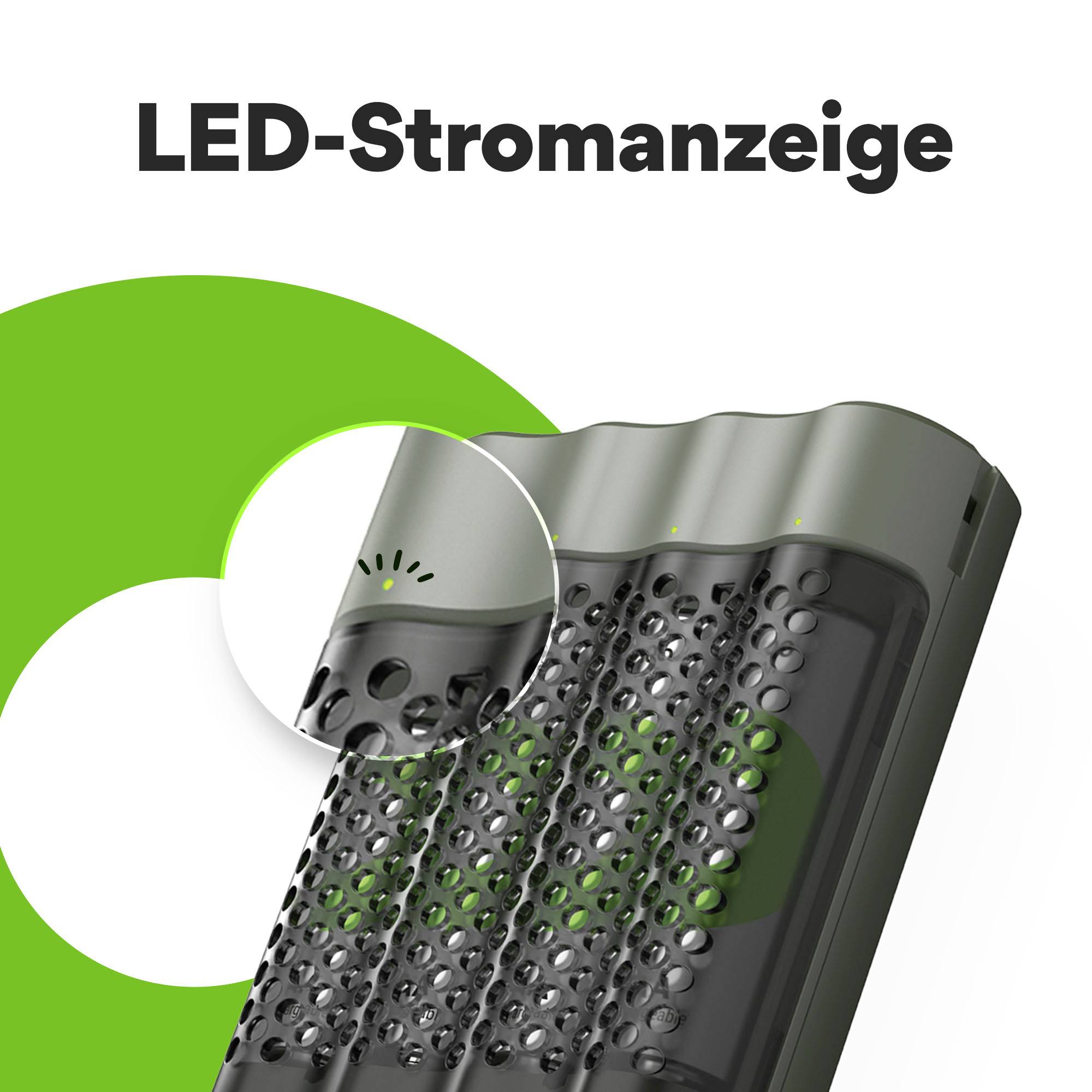 LED displej spotřeby energie v černém velkém písmu nad stylizovaným, průsvitným pouzdrem s zelenými světelnými efekty.