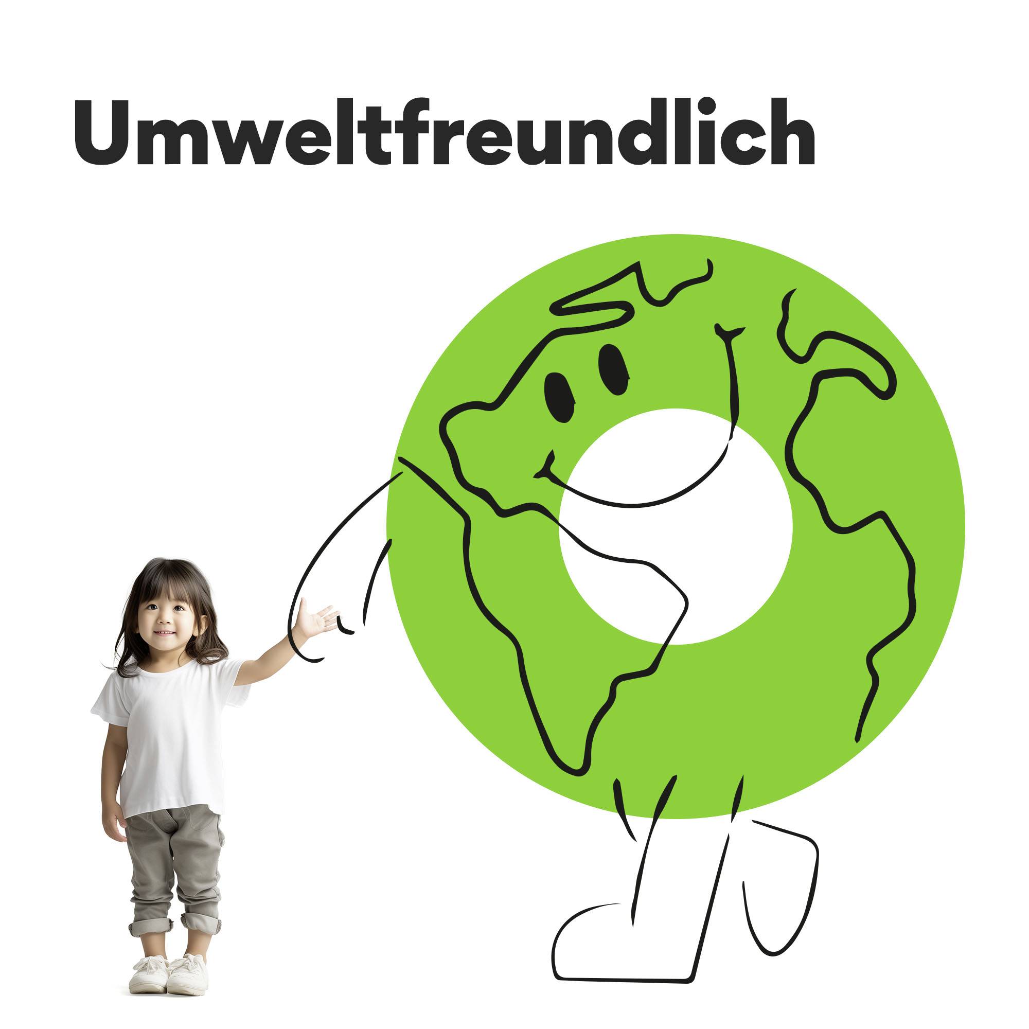 Malé dítě v bílém tričku vedle usmívajícího se zeleného kreslenkového planetu znázorňujícího Zemi. Text nahoře: 'Šetrné k životnímu prostředí'.