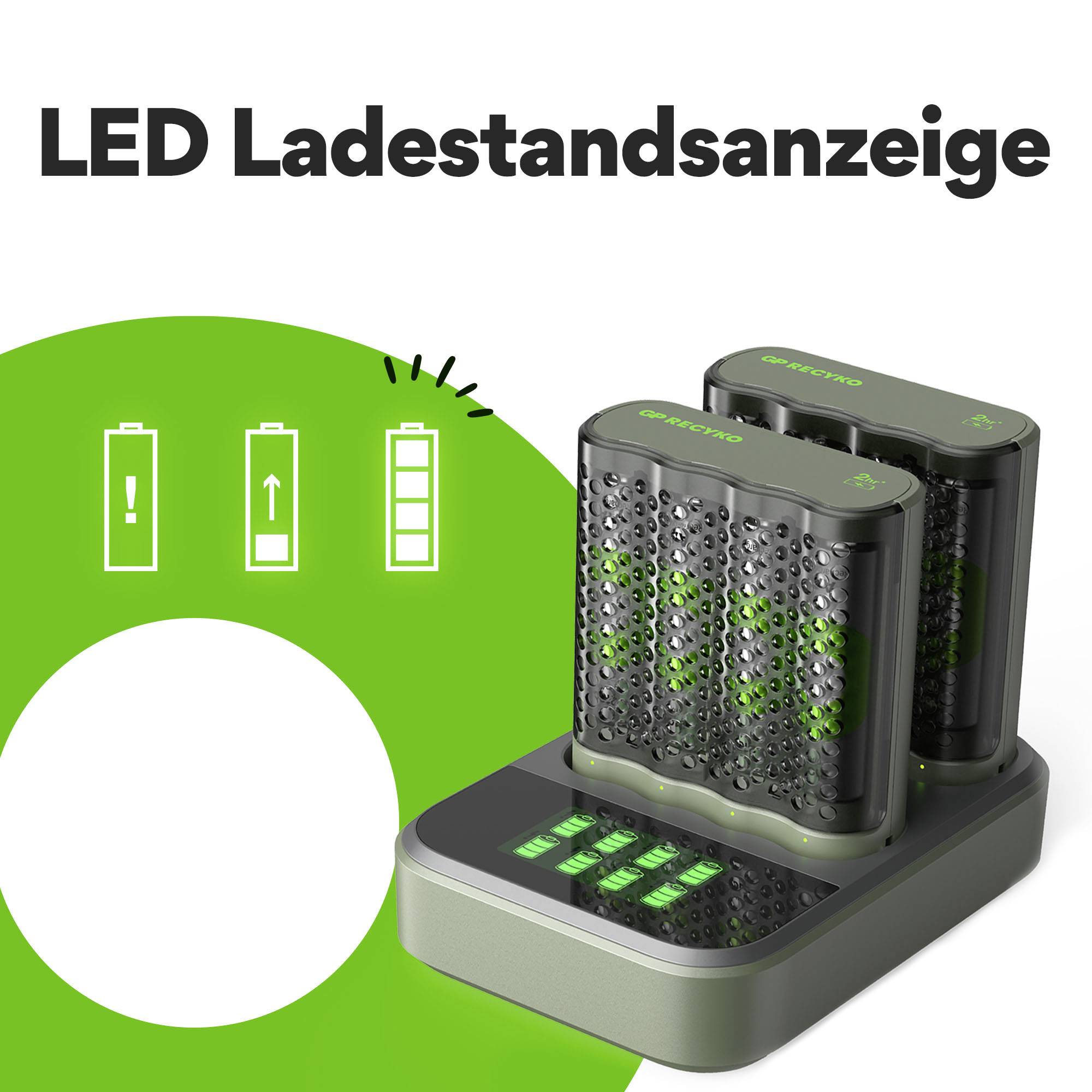 Nahoře je nápis „LED indikátor stavu nabití". Dva bateriové nabíječe se svítícími zelenými body ukazují stav nabití.