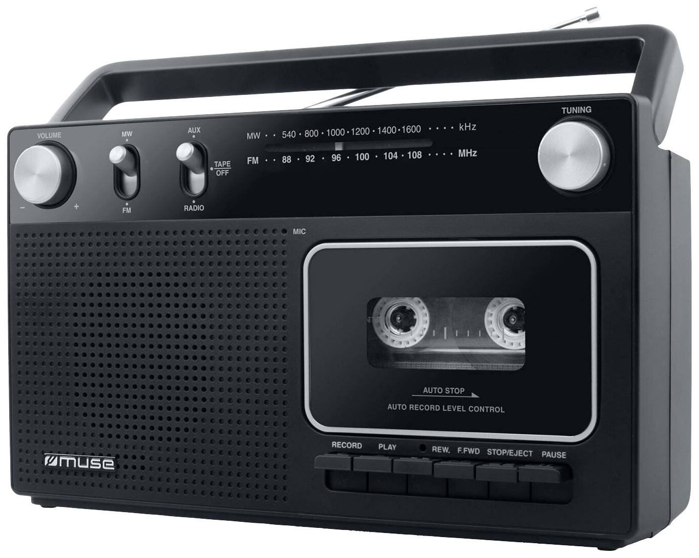 Černé přenosné rádio s kazetovým magnetofonem, dvěma velkými otočnými knoflíky pro hlasitost a ladění, stupnicí FM/AM a ovládacími tlačítky.