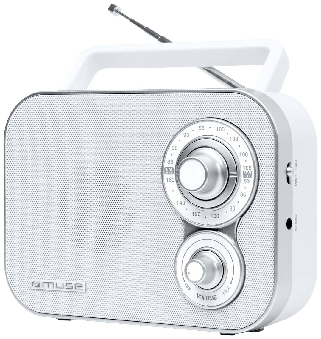 Bílé retro rádio se dvěma velkými otočnými knoflíky pro frekvenci a hlasitost, firemní logo v levém dolním rohu, vytažená anténa nahoře.