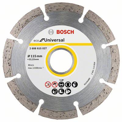 Diamantový pilový kotouč 'Bosch eco Universal' o průměru 115 mm, vhodný pro kamenné materiály, zobrazuje bezpečnostní symboly.
