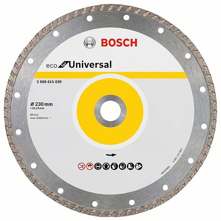 Diamantem potažený pilový list Bosch s nápisem 'eco Universal', vhodný pro průměr 230 mm, maximálně 6 650 otáček za minutu.