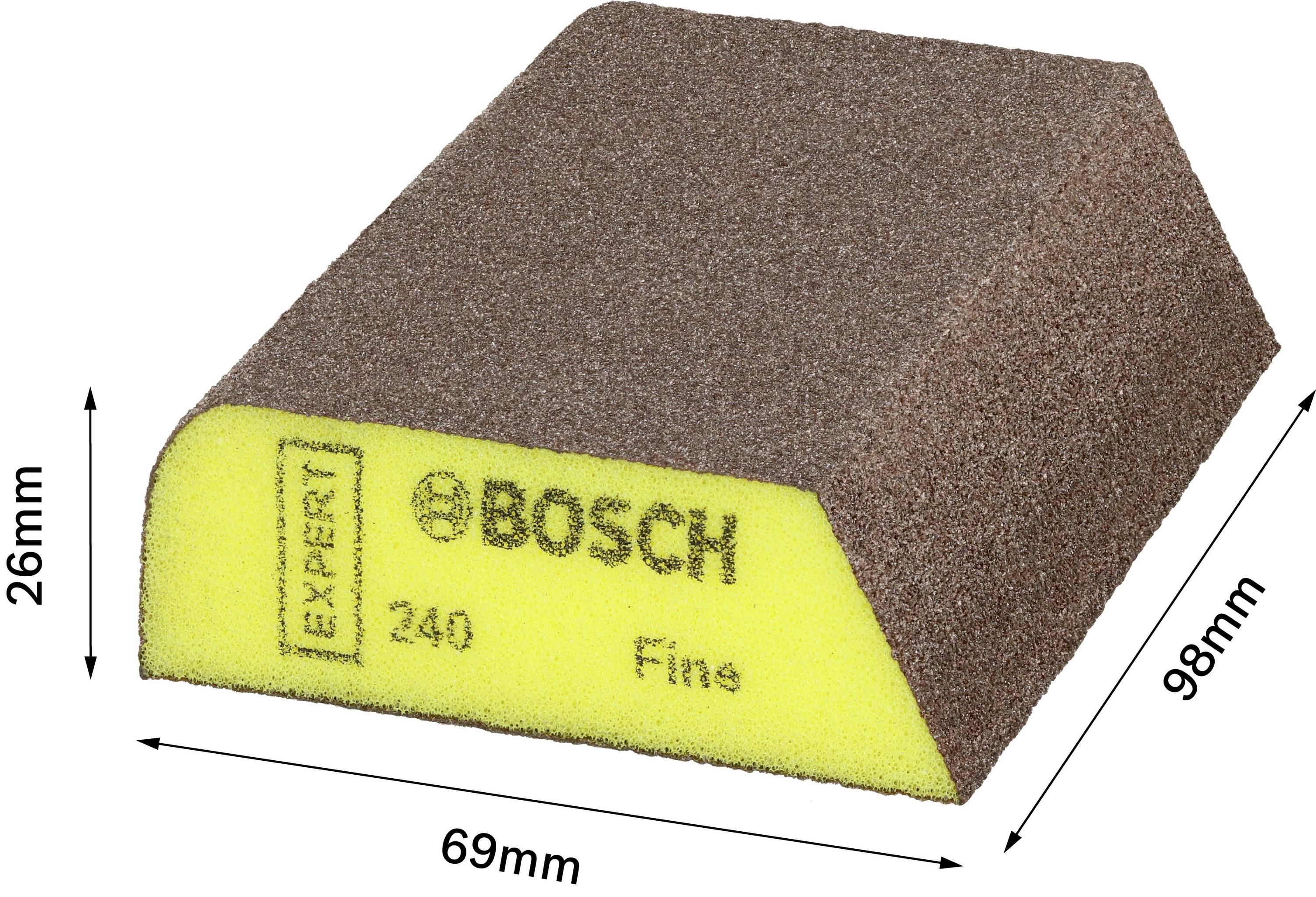 Houbovitý brusný blok s nápisem 'Bosch Expert 240 Fein'. Tři rozměry stran: výška 26mm, šířka 69mm, hloubka 98mm.