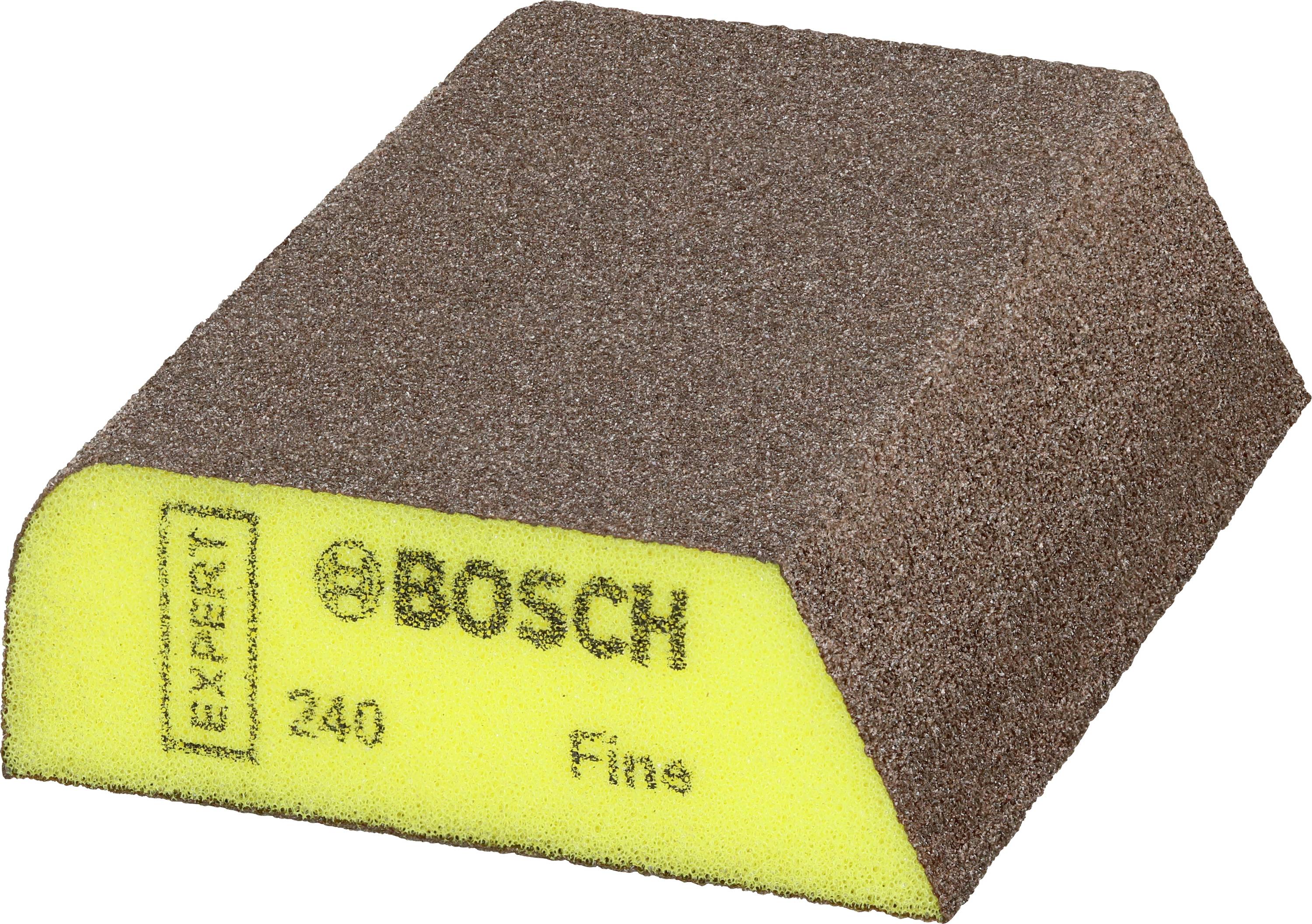 Trojúhelníkový brusný polštářek s žlutým pěnovým jádrem a hnědou brousící plochou. Text: 'EXPERT', 'BOSCH', '240', 'Fine'.
