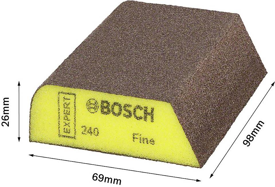 Brusný houba od Bosche, model 'Expert' s hrubostí zrna 240. Rozměry: 69mm x 98mm x 26mm. Oboustranně potažená pro jemné broušení.