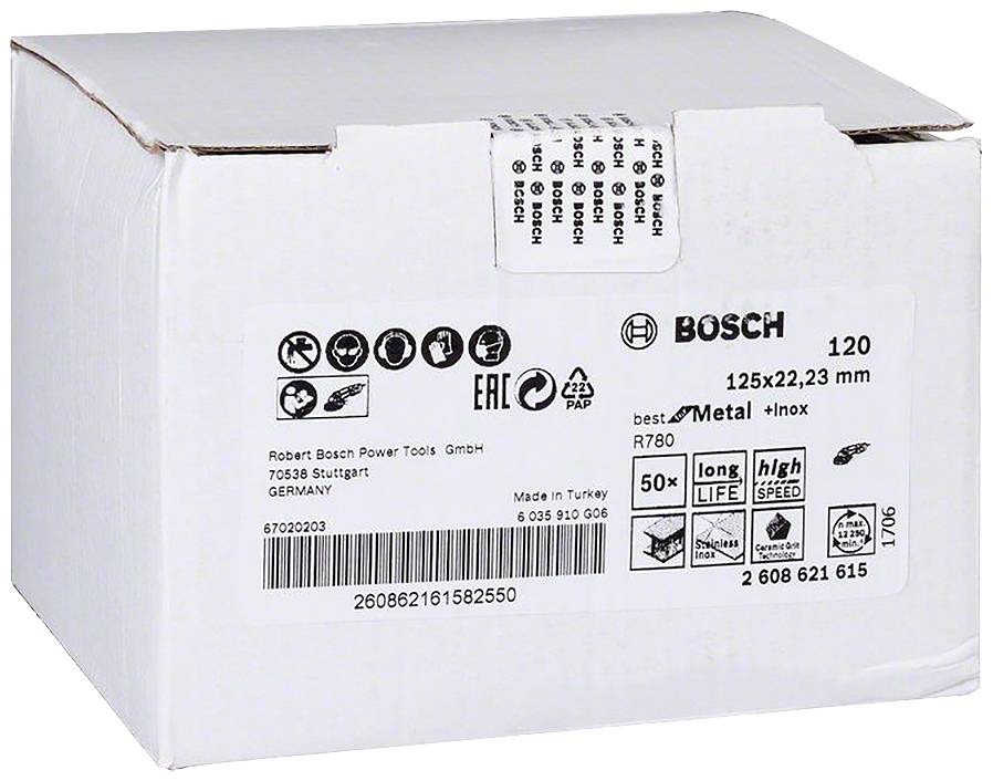 Bílý Bosch obal s technickými symboly, specifikacemi a čárovým kódem. Obsahuje 50 dělicích kotoučů z nerezové oceli, 125x22,23 mm.