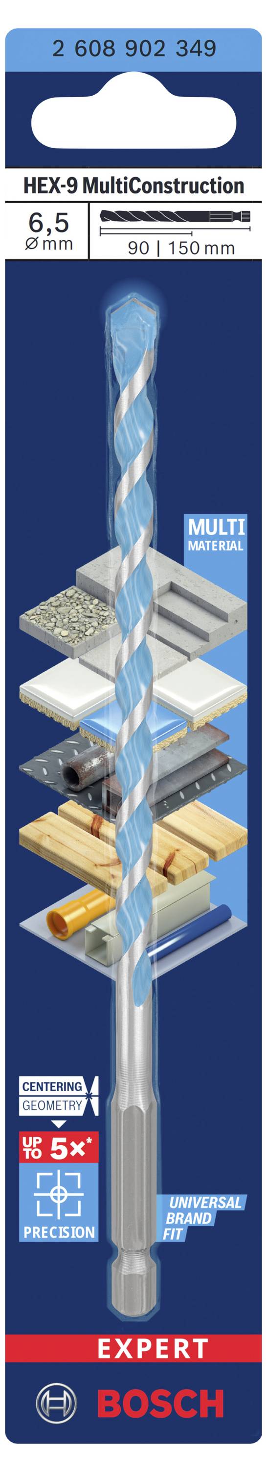 'Bosch Expert HEX-9 MultiConstruction 9,5 mm vrták.' Znázornění použití: beton, dřevo, kov, plast a dlaždice.