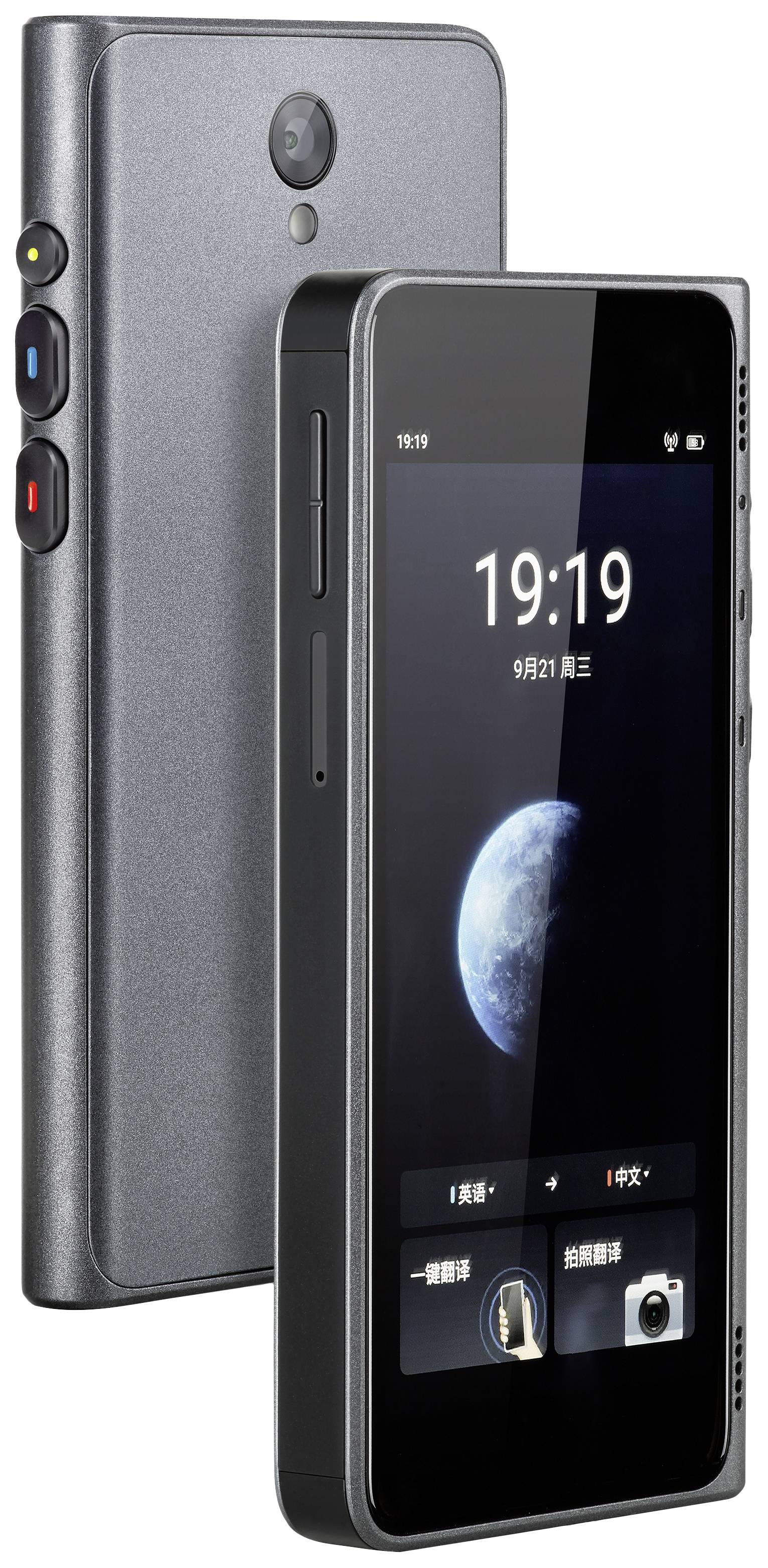 Moderní smartphone se zaoblenými rohy, fotoaparátem na zadní straně a displejem zobrazujícím čas 19:19.