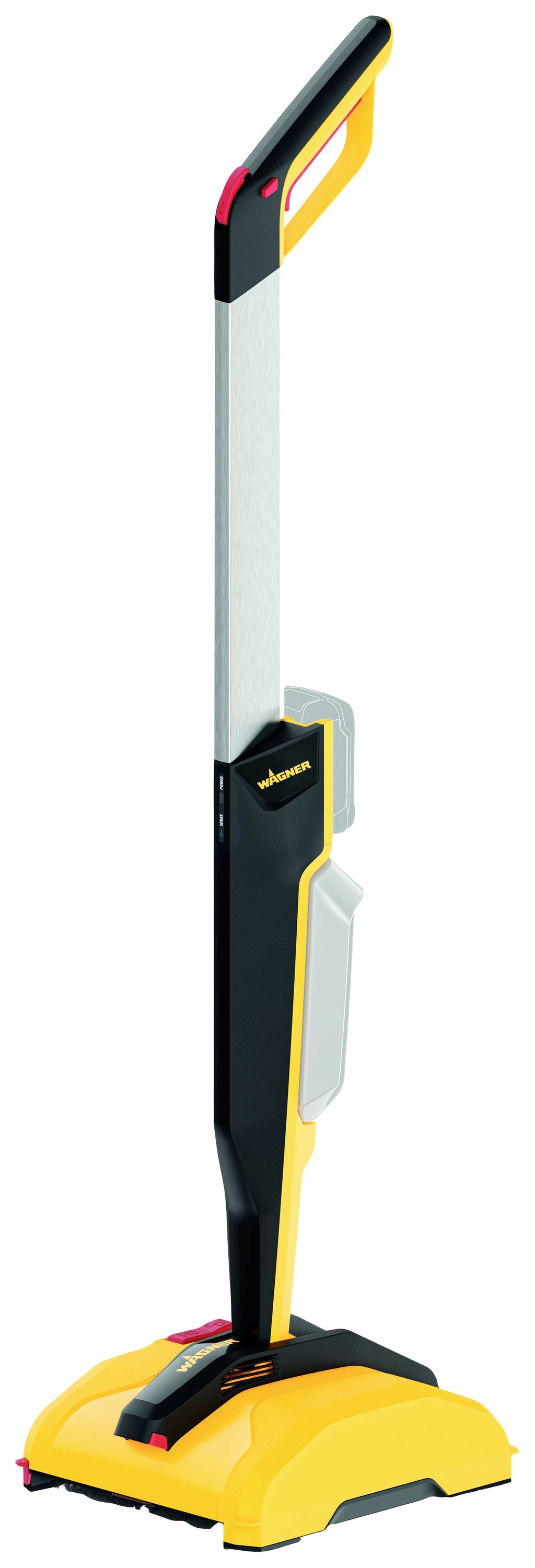 Bezdrátový žlutý vysavač s dlouhou rukojetí, vhodný pro rychlé úklid tvrdých podlah a koberců v domácnosti.