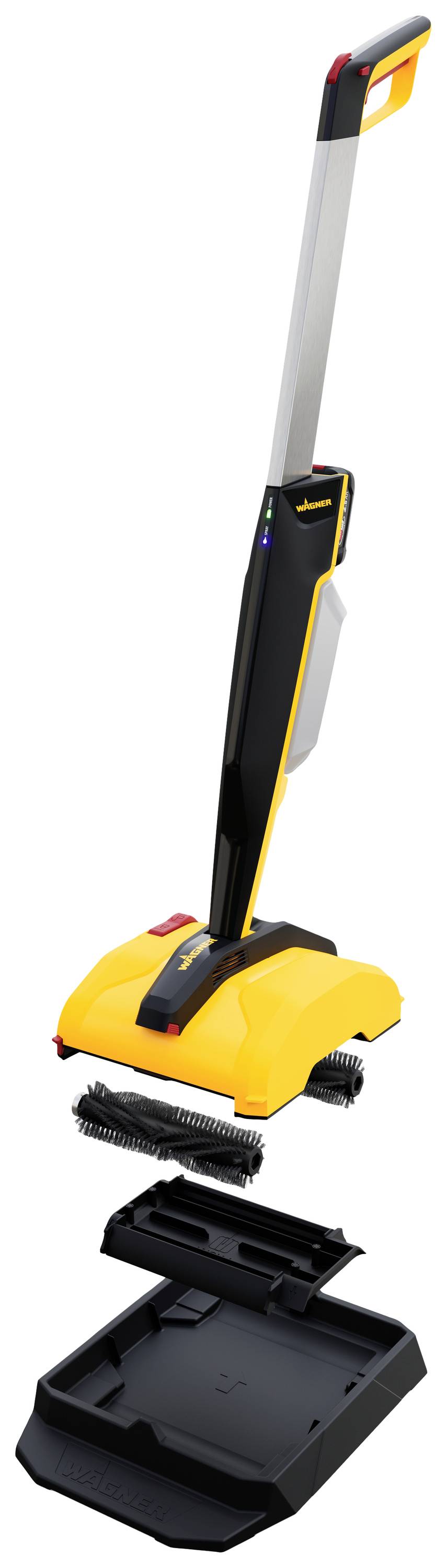 Žlutý bezdrátový vysavač s černou rukojetí a červeno-žlutým ovládacím panelem na nabíjecí stanici, vhodný pro tvrdé podlahy.