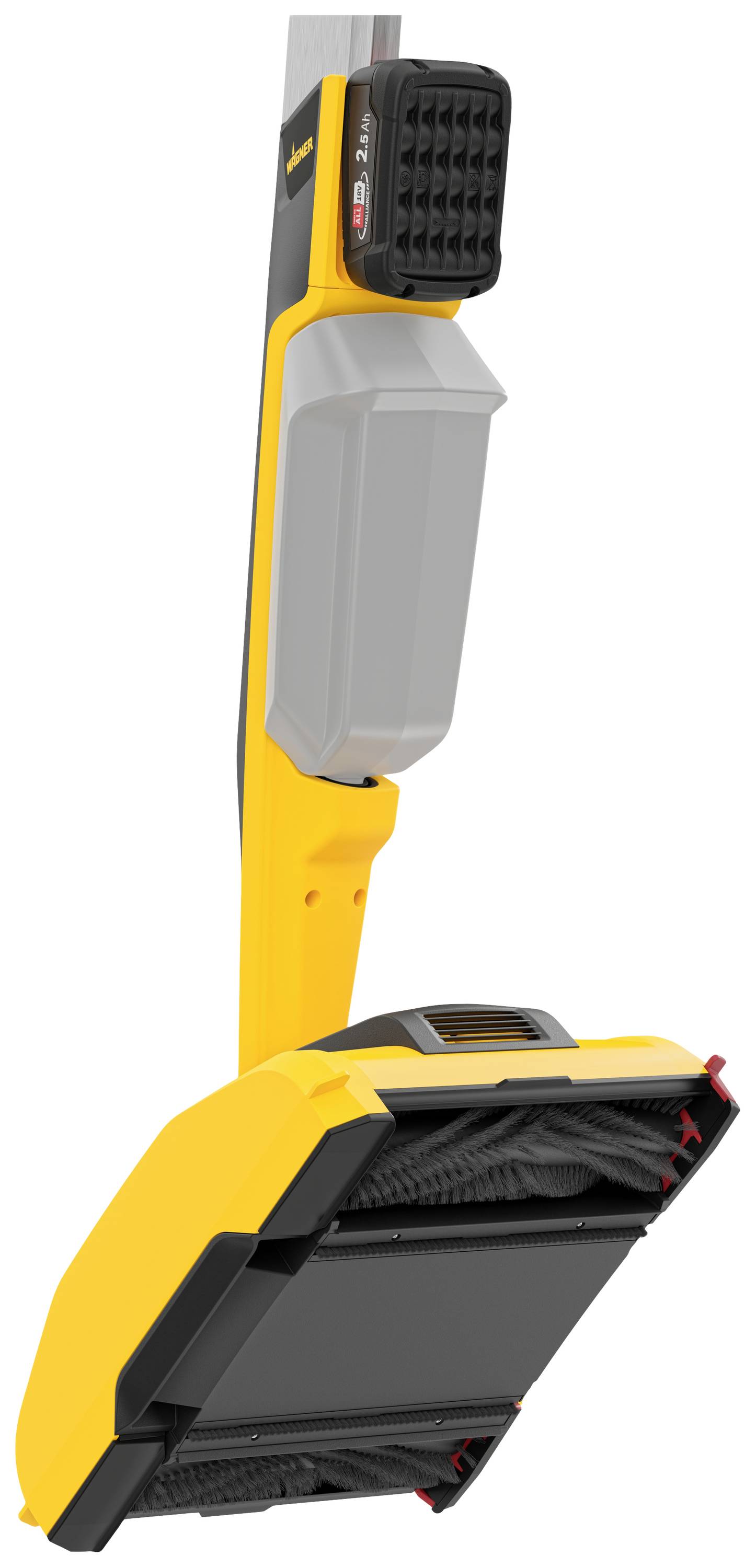 Žluté zařízení s černou rukojetí a šedým tělem, které pravděpodobně představuje čisticí přístroj nebo vysavač.