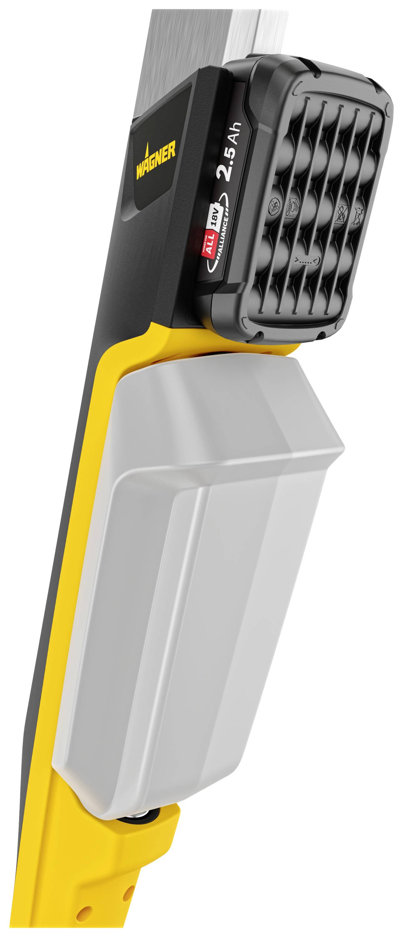 Dlouhostopé pracovní nářadí se žlutou rukojetí, černou hlavou a odnímatelnou šedou nádobou. Vhodné pro různé úklidové práce.