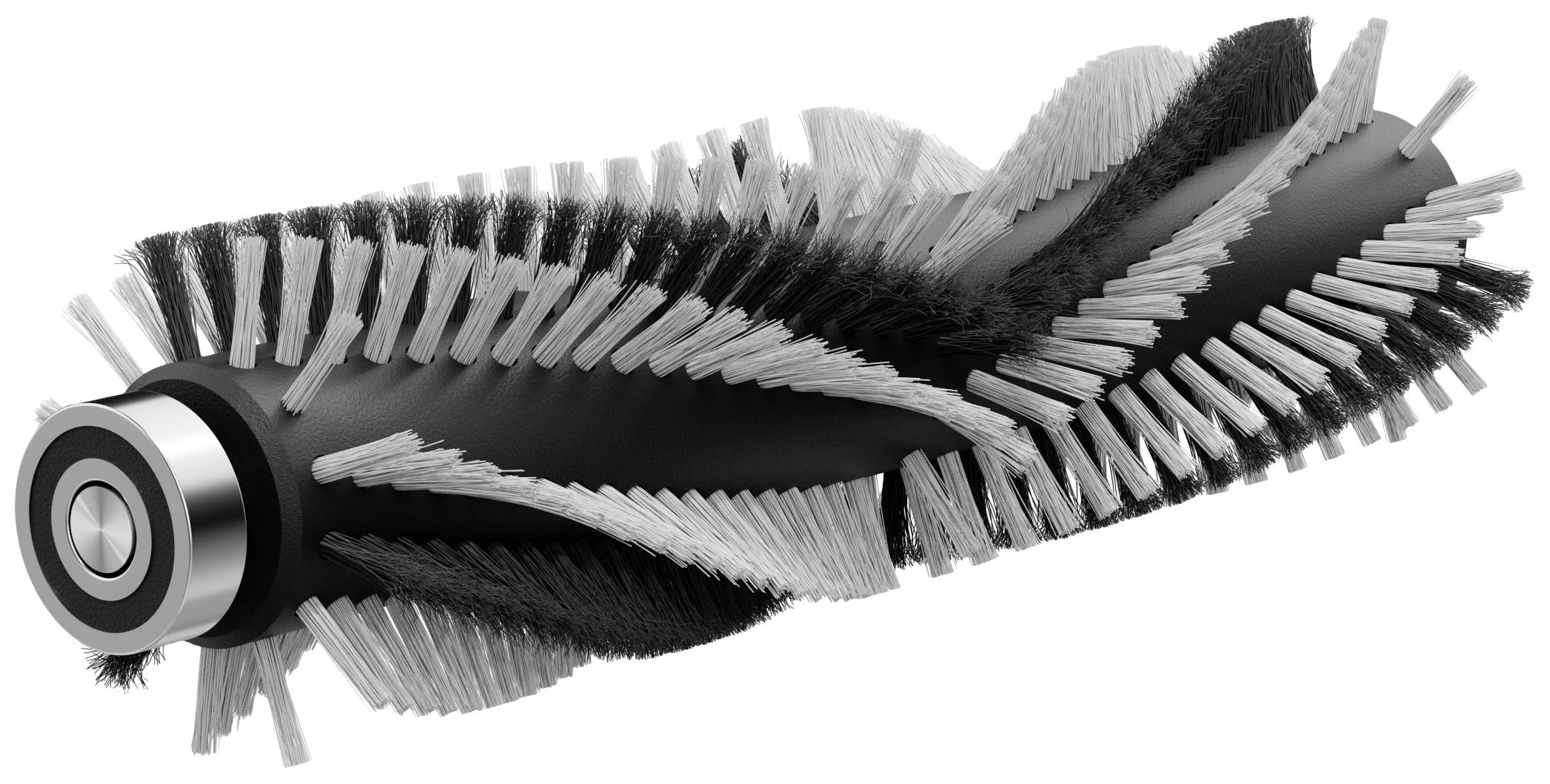 Kartáč vysavače s prostřídanými černými a bílými štětinami, uložený na kulovém ložisku na jedné straně.