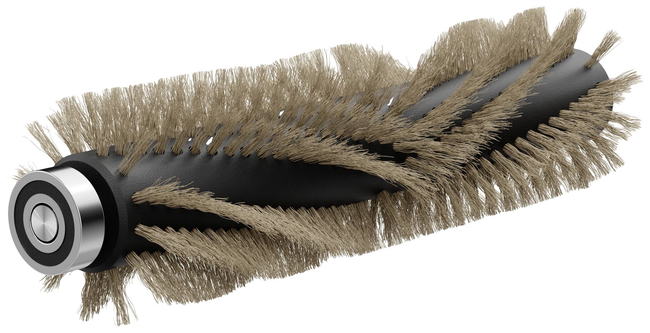 Rotační kartáčový válec s štětinami pro vysavač nebo čistič podlah. Má válcovitý tvar s kovovými stranami.