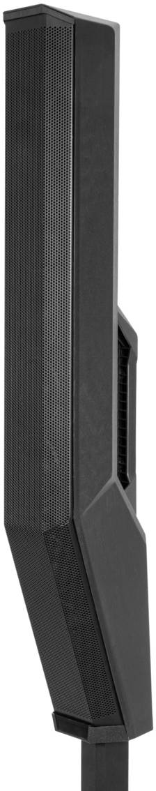 Černý, štíhlý reproduktor s vroubkovaným předním mřížováním, zobrazený z bočního pohledu.