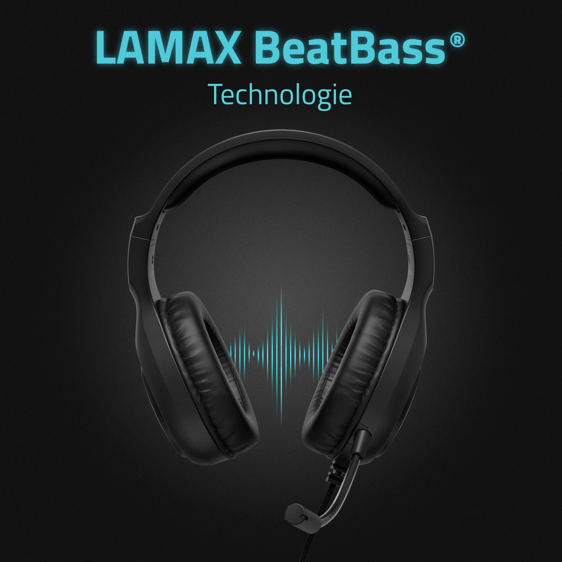Sluchátka s integrovaným mikrofonem a modrým efektem zvukových vln. Nahoře text 'LAMAX BeatBass Technologie'.
