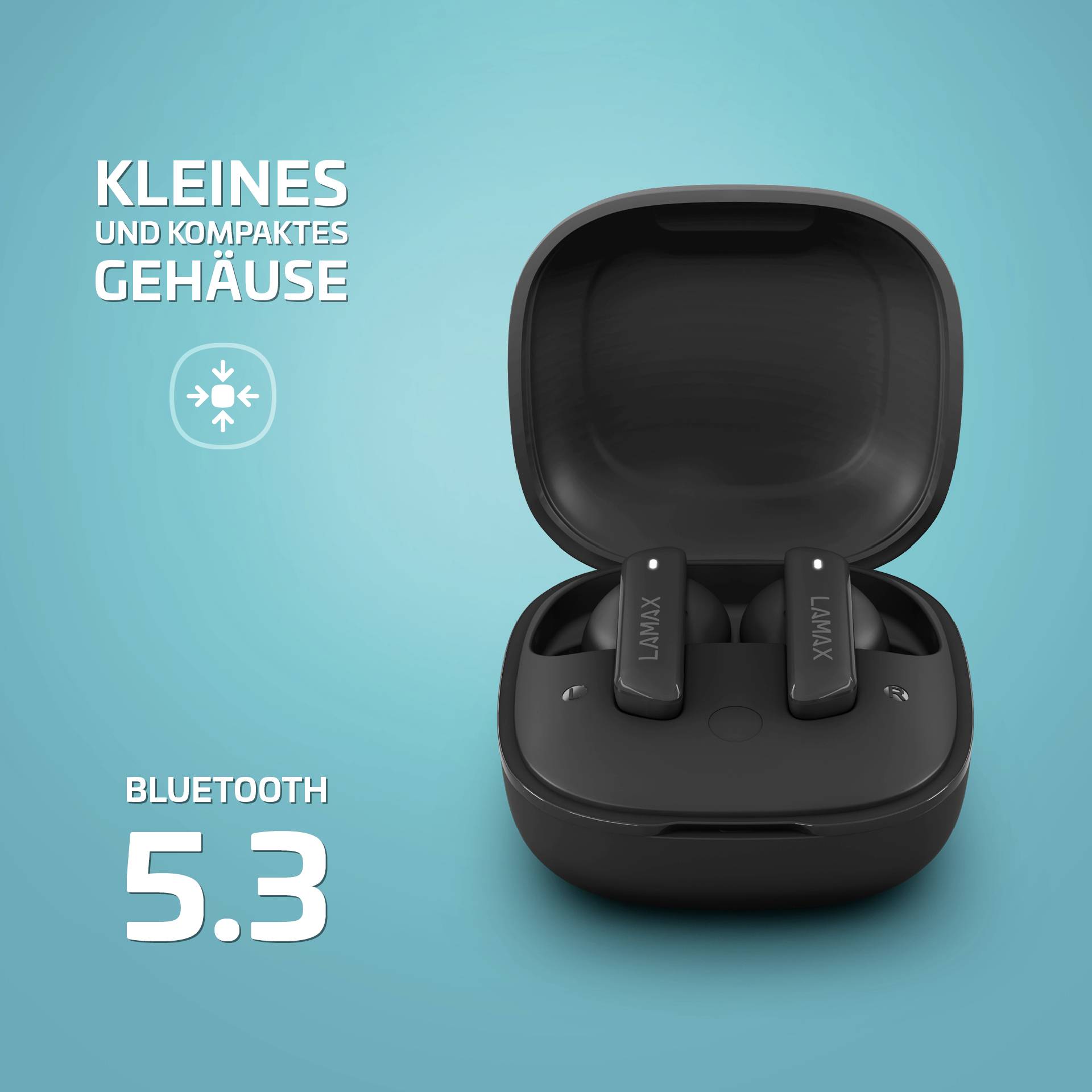 Malý, kompaktní bluetooth 5.3 nabíjecí pouzdro se dvěma černými bezdrátovými sluchátky. Text vlevo: 'Malé a kompaktní pouzdro'.