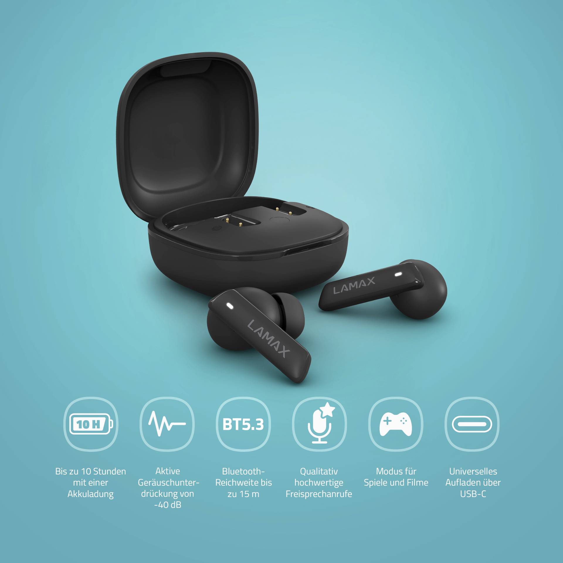 Černé bezdrátové in-ear sluchátka s funkcí Bluetooth, otevřený nabíjecí pouzdro. Pod nimi jsou symboly znázorňující funkce jako potlačení hluku a dlouhou výdrž baterie.