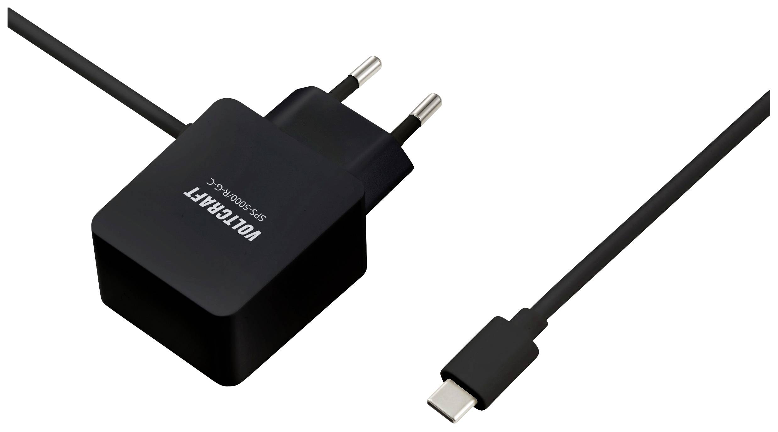 Černá nabíječka USB-C s kabelem a evropskou síťovou zástrčkou. Vhodná pro nabíjení kompatibilních elektronických zařízení.
