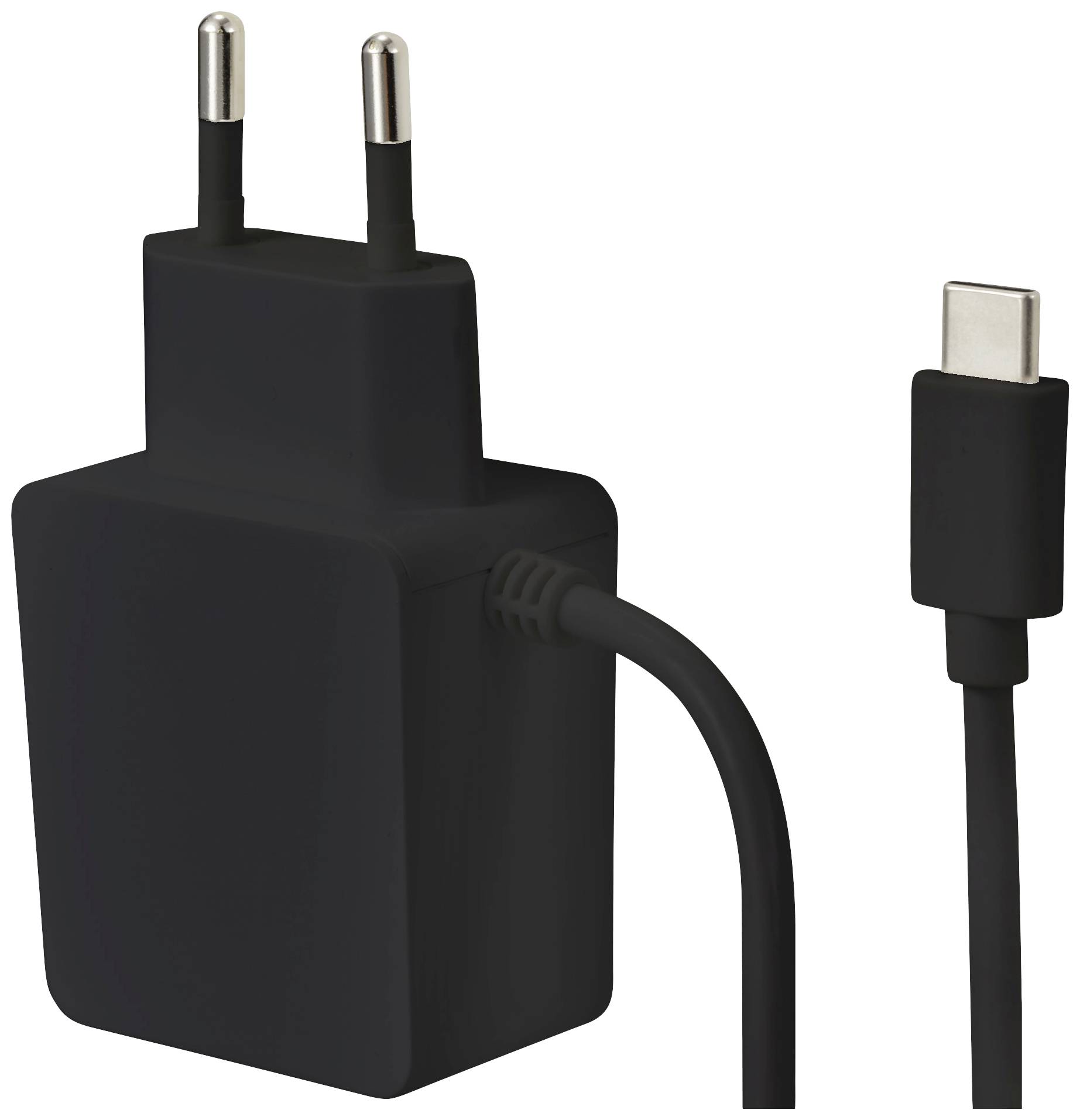 Černá USB-C nabíječka s evropskou zástrčkou, vhodná pro smartphony a tablety. Standardní design, kompaktní a přenosná.