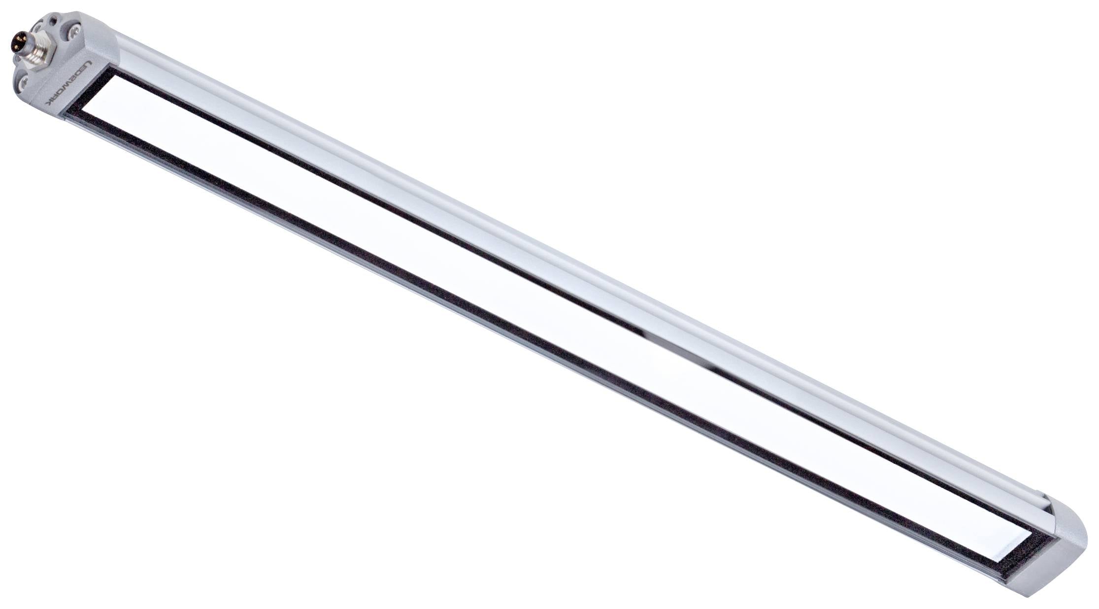 Jednotlivá LED zářivková trubice v stříbrném držáku, zobrazená z boku.