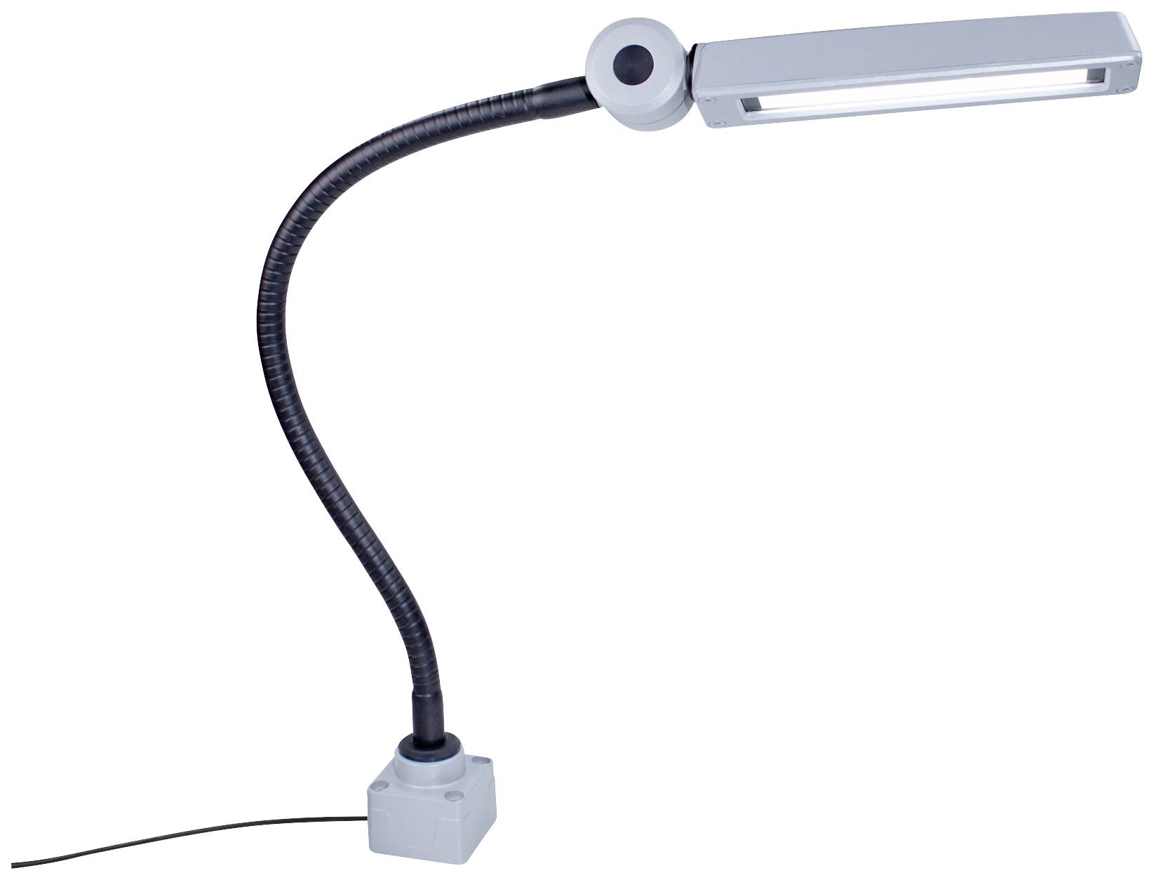 Flexibilní stolní lampa s obdélníkovým stínítkem umístěným na ohebném rameni, upevněná na čtvercové podstavě.