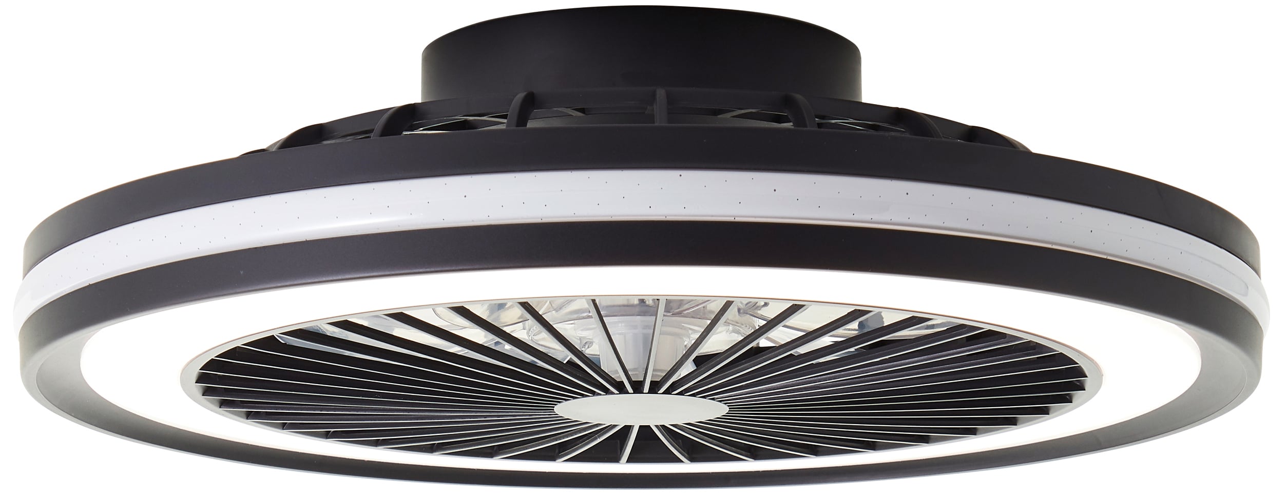 Kulaté stropní svítidlo se zabudovaným ventilátorem, moderního designu s černým lemováním, vyzařující jasné světlo.