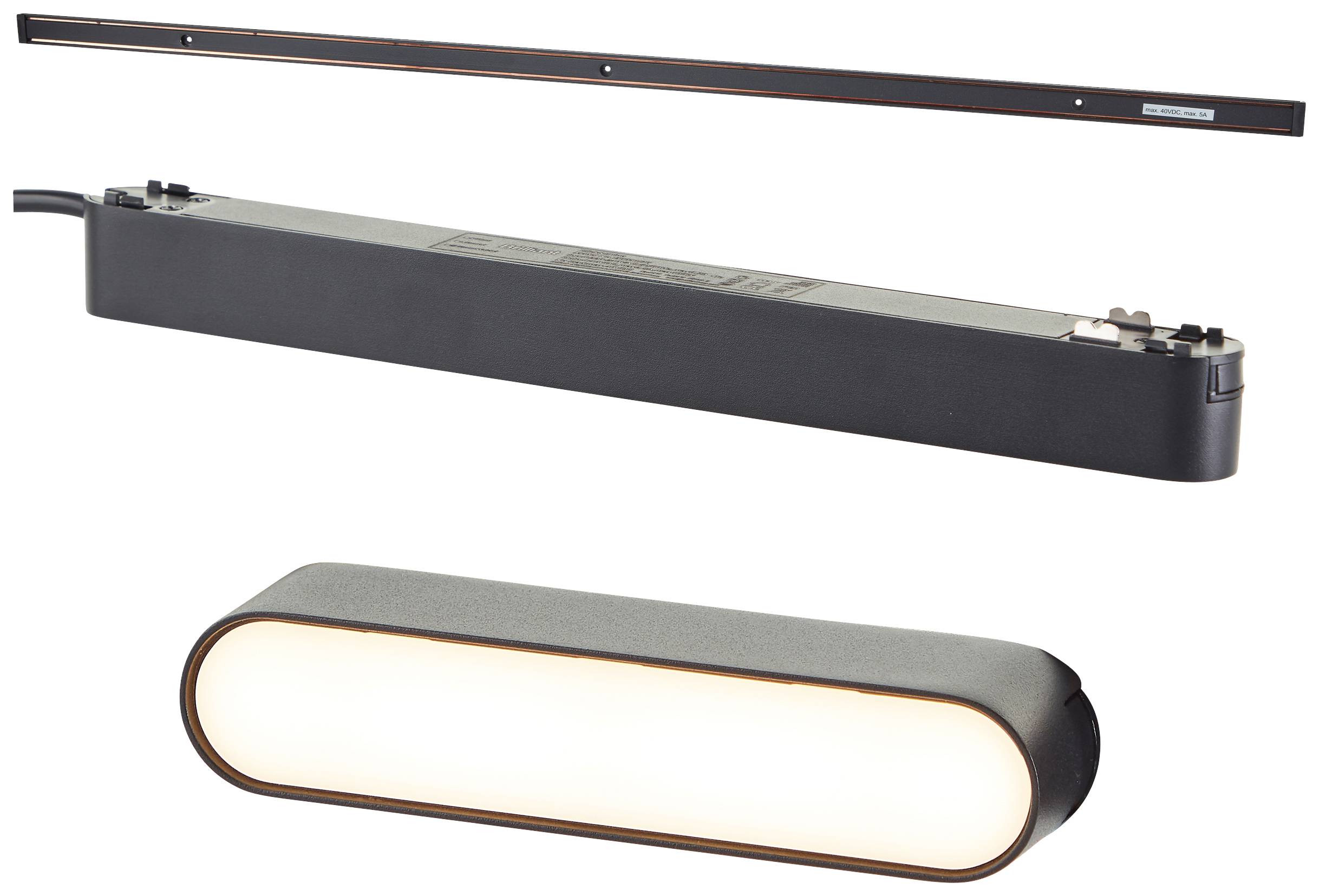 Tři moderní LED svítidla v různých tvarech, včetně podlouhlé lišty, obdélníkové a oválné lampy. Ideální pro všestranné osvětlení.