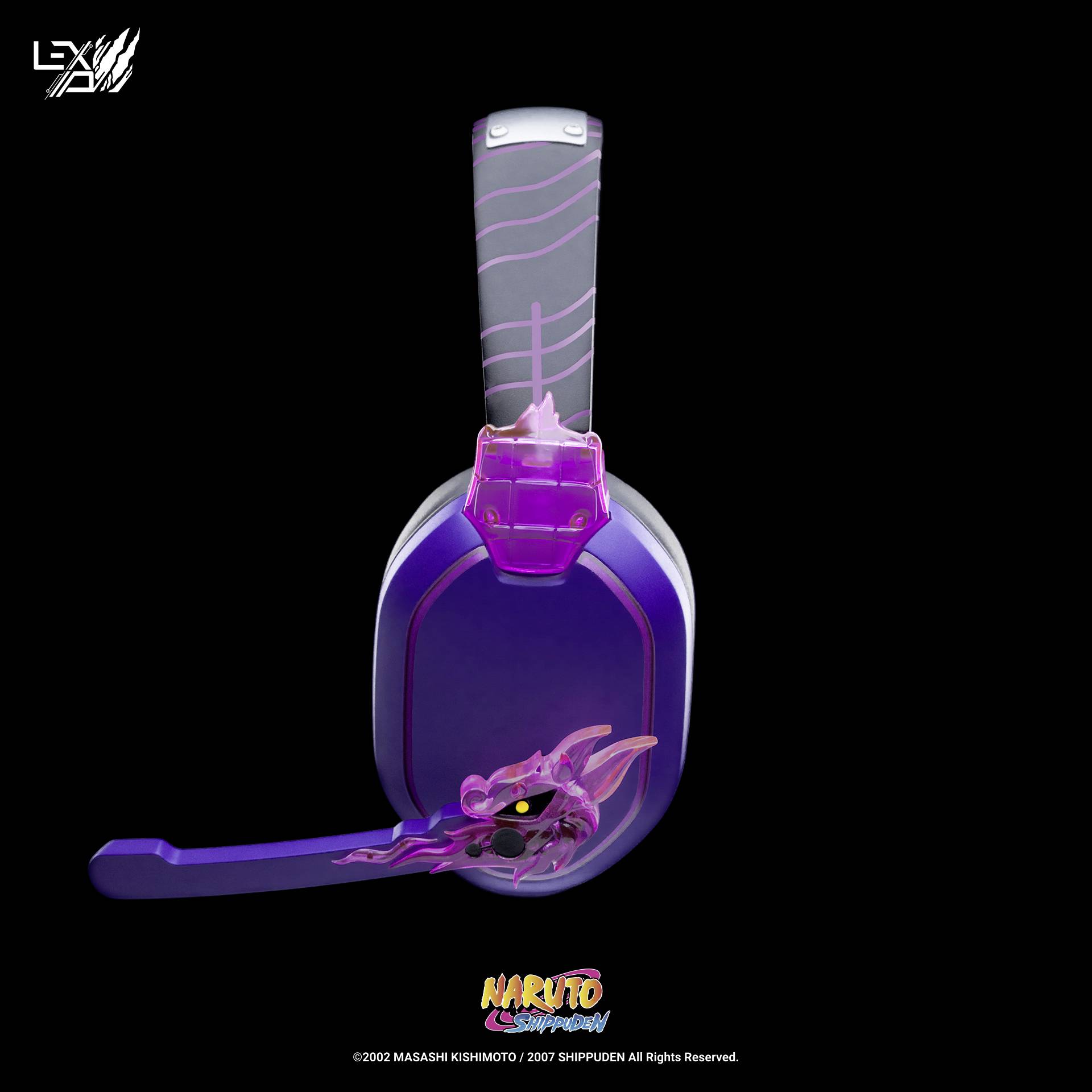 Stylizované sluchátka v fialových a růžových tónech s motivem draka, zobrazené na černém pozadí.