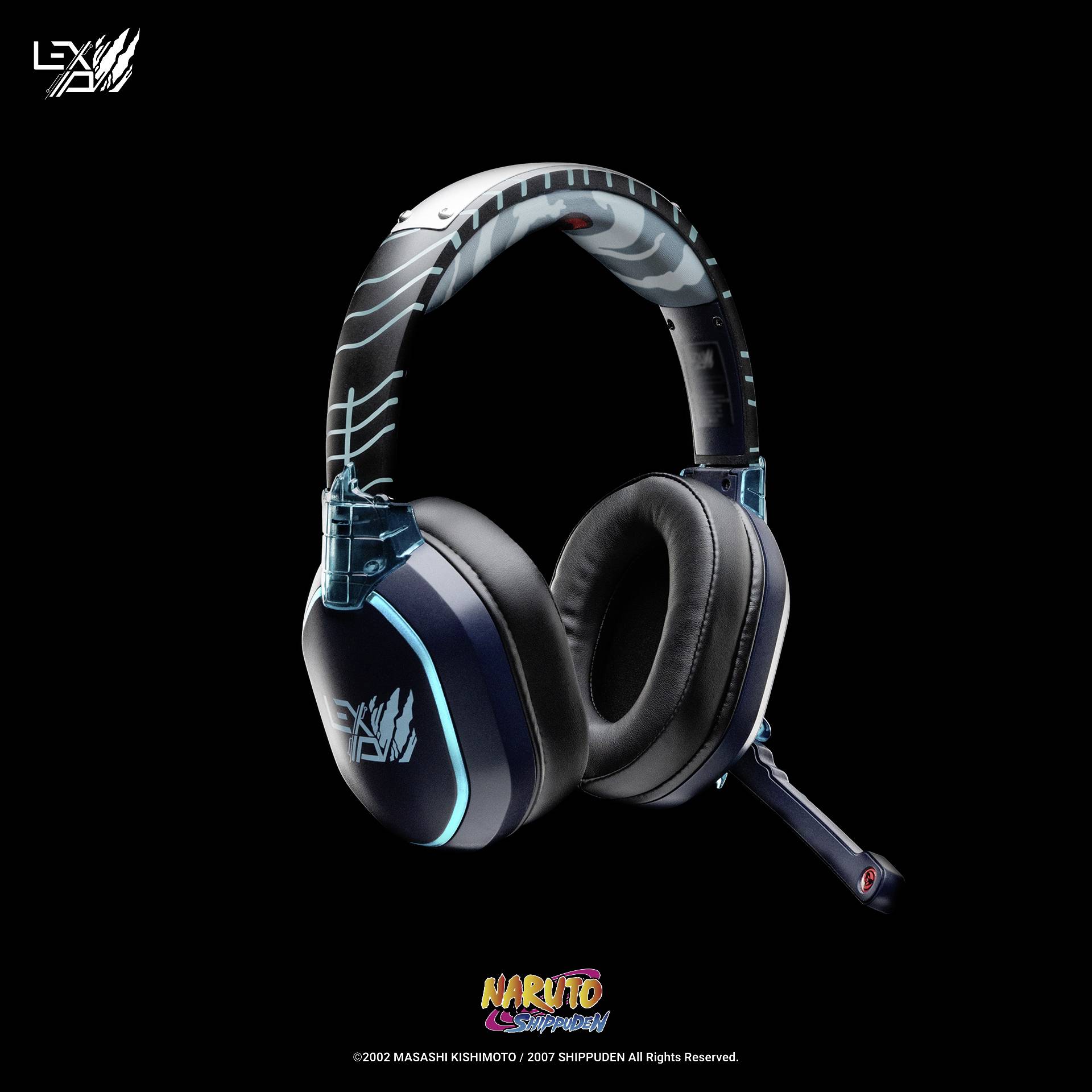 Černý herní headset s modrými a šedými akcenty. Na náušnících je vyobrazeno logo anime.