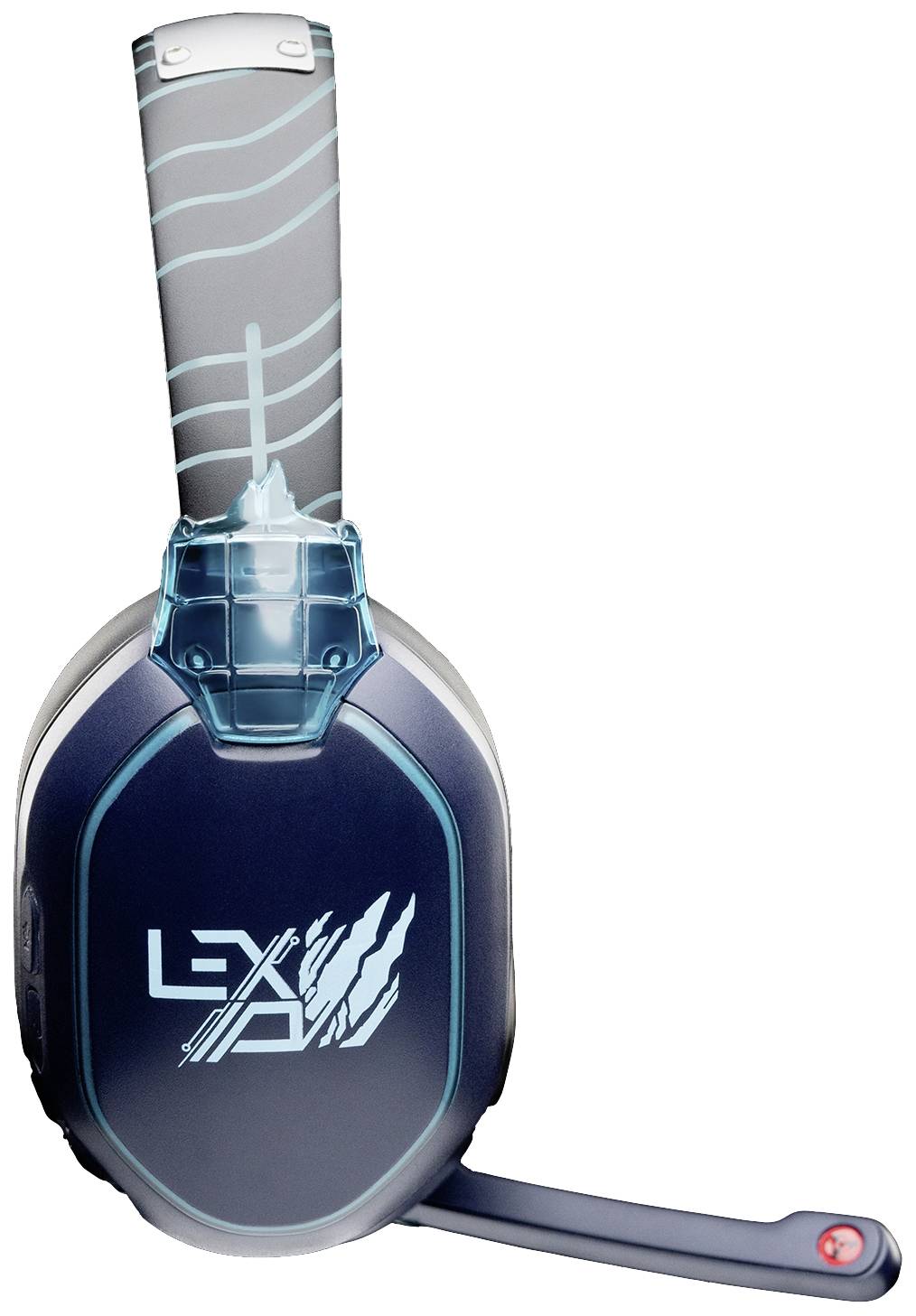 Modro-černošedá herní sluchátka s mikrofonovou konzolí. Na vnější straně sluchátka je umístěno stylizované logo s písmeny.