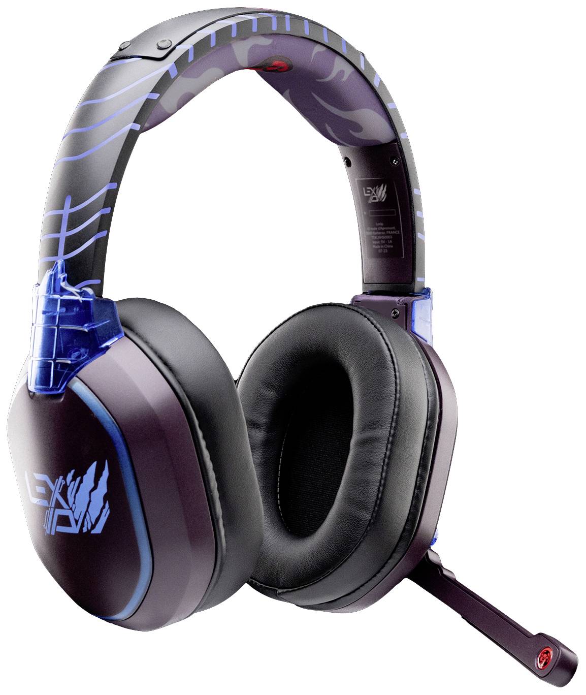 Herní headset s mikrofonem po straně, černofialový design s modrými akcenty, vhodný pro intenzivní herní nasazení.
