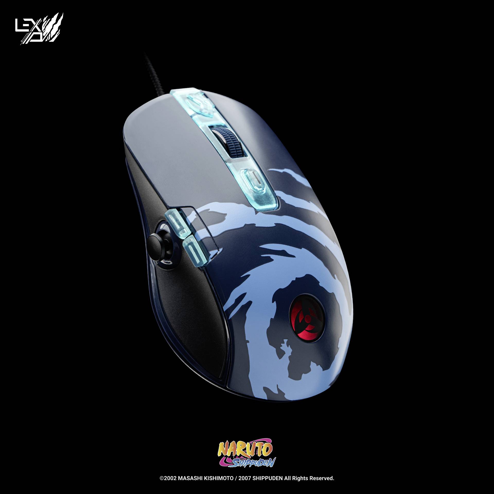 Herní myš s dekorativním designem inspirovaným anime sérií ukazuje výrazný vzor na svém povrchu.
