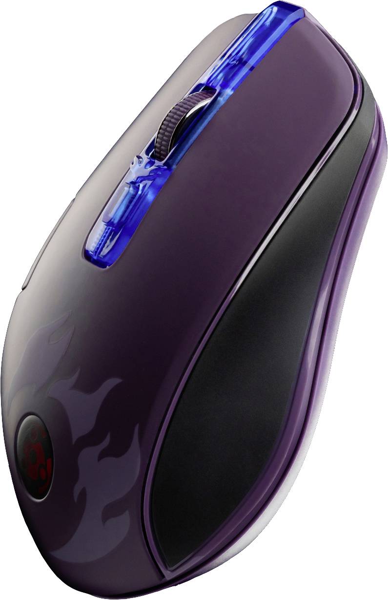 Fialová počítačová myš s modrými osvětlovacími prvky a ergonomickým designem pro lepší úchop a pohodlí.