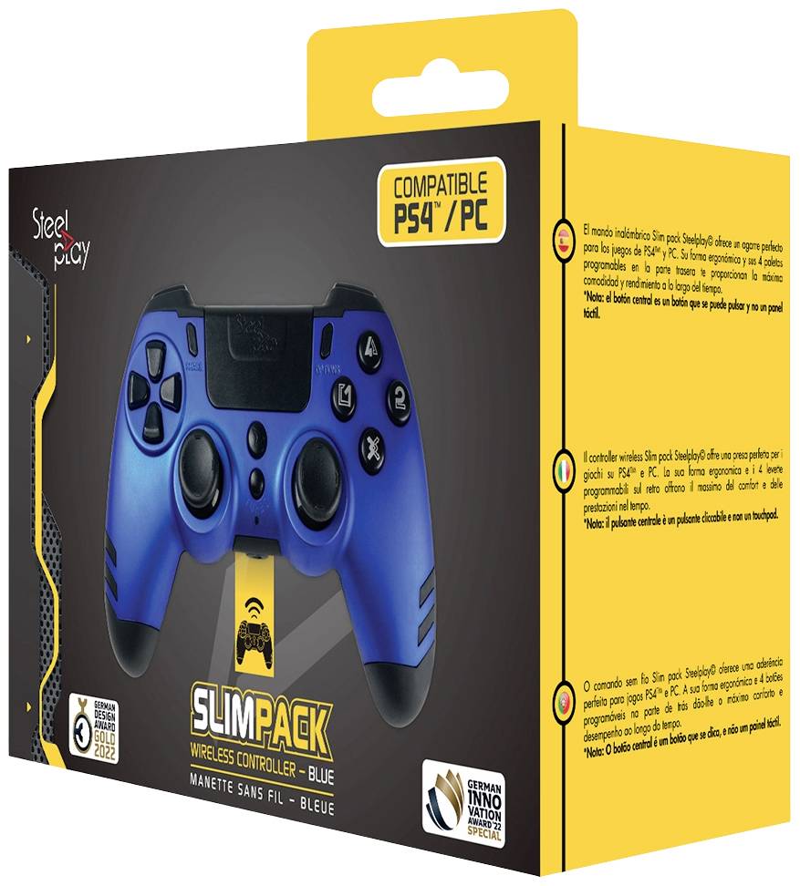 Bezdrátový ovladač Steelplay Slimpack v modré barvě na žluté krabici, kompatibilní s PS4 a PC, s Bluetooth připojením a duální vibrací.