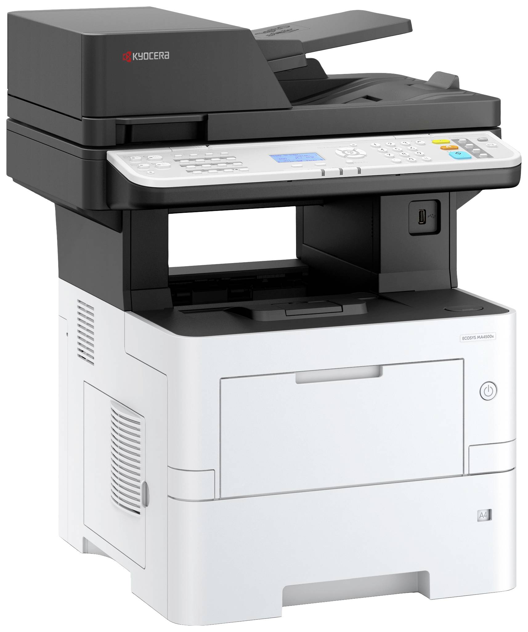 Černobílá multifunkční tiskárna Kyocera s ovládacím panelem a výstupem dokumentů, umístěná na bílém pozadí.