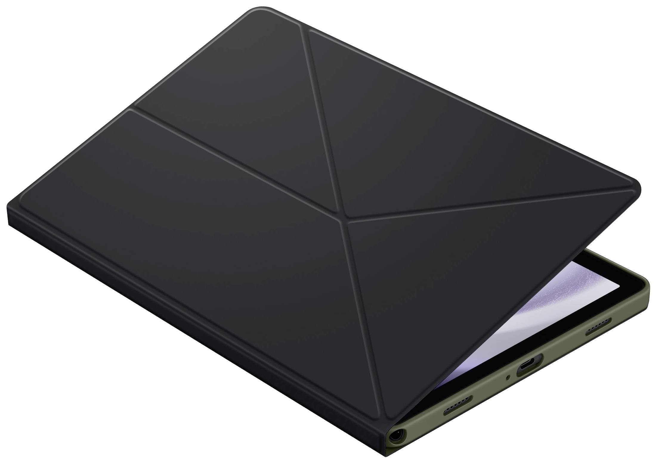 Černý obal na tablet s geometrickým vzorem, který částečně zakrývá tablet. Tablet má na straně konektor USB-C.
