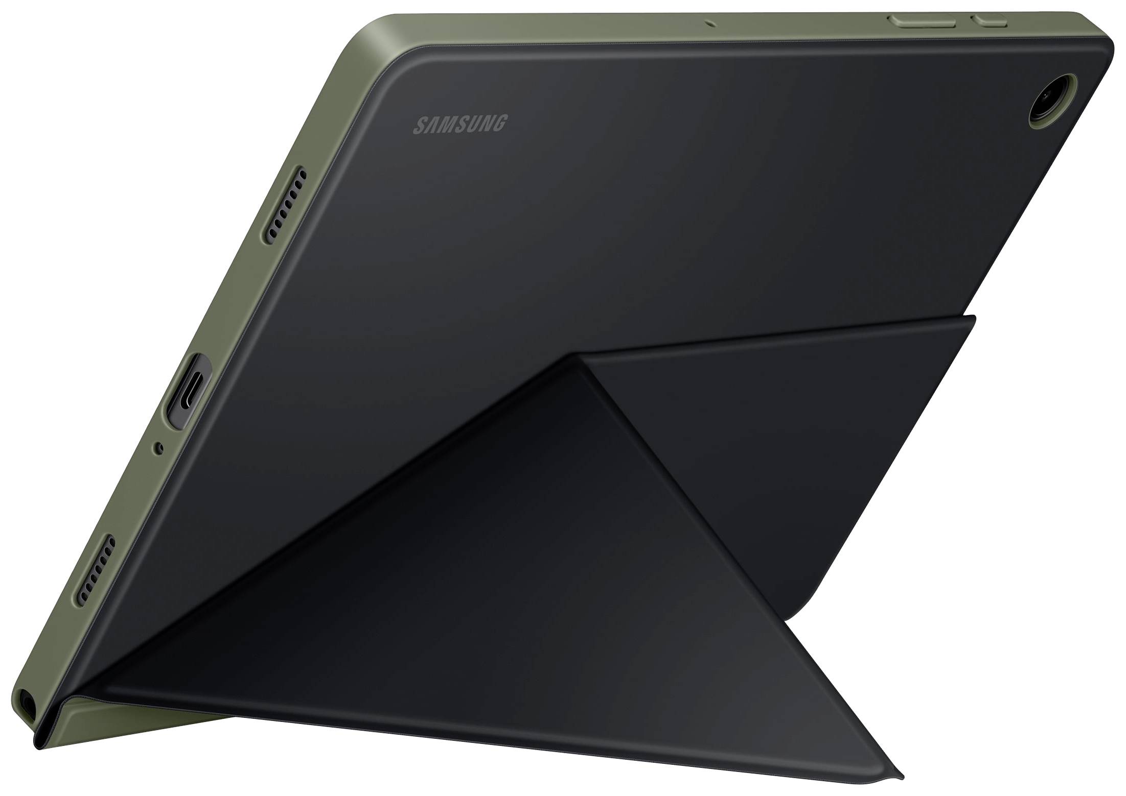 Tablet Samsung s tmavým ochranným pouzdrem v otevřeném stojankovém módu. Pohled zezadu ukazuje kameru a reproduktory.