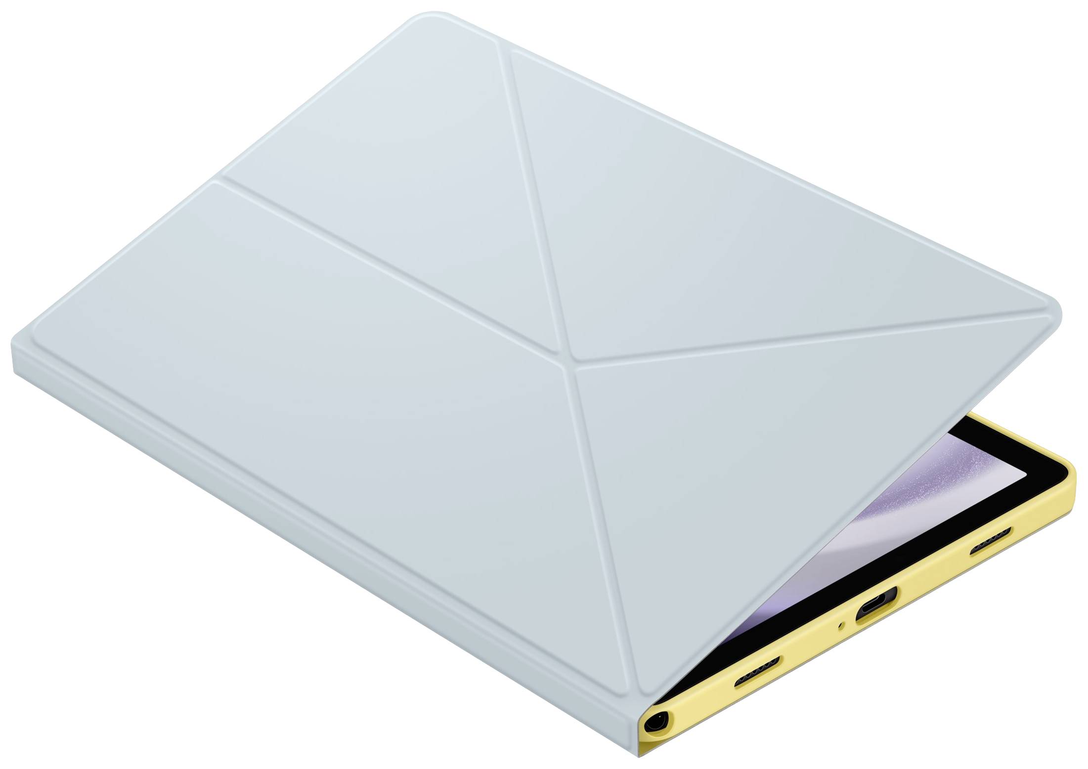 Tablet s napůl otevřeným pouzdrem, zobrazující zlatý okraj a obrazovku, lehce viditelné.