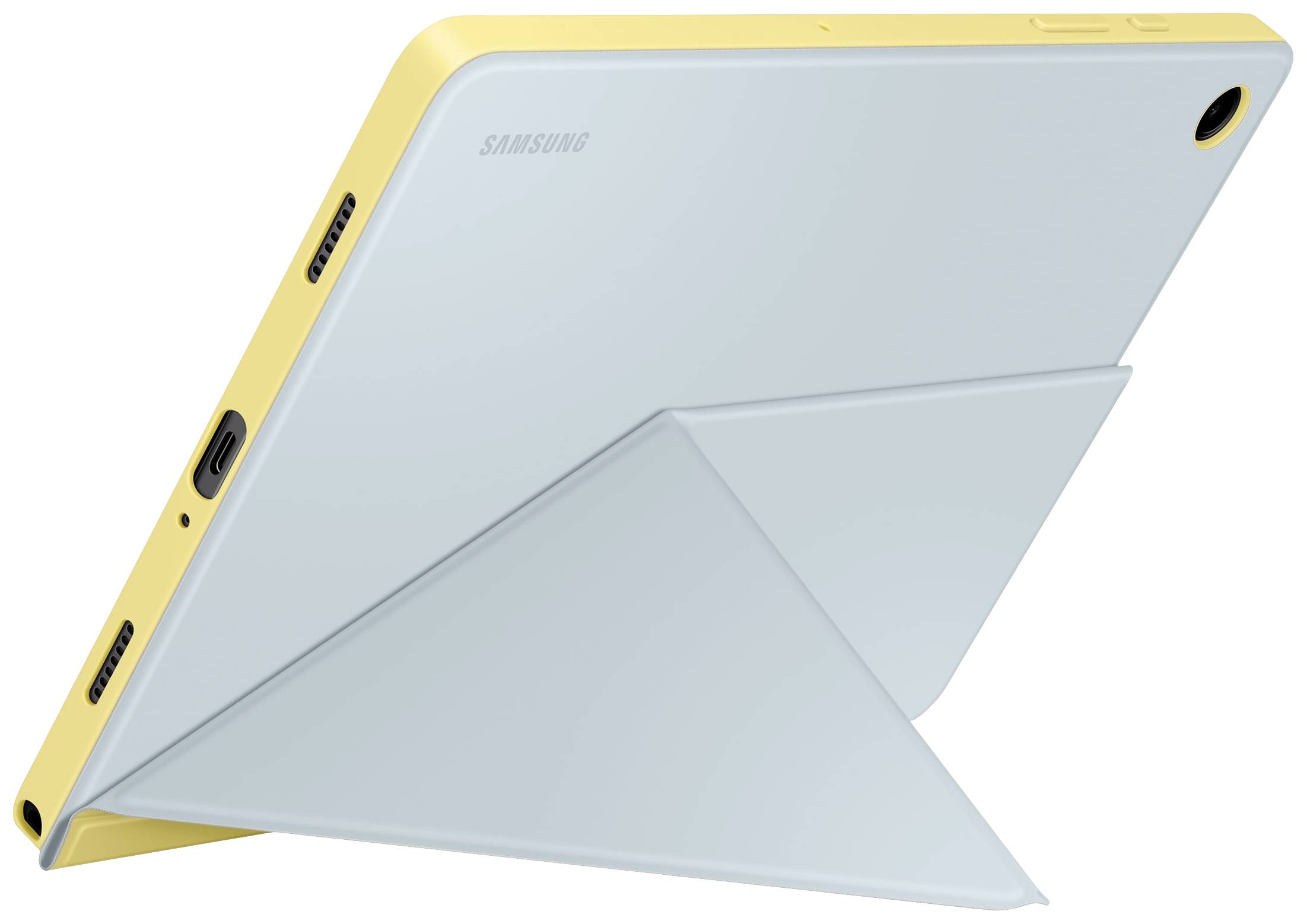 Tablet ve žlutém pouzdře stojí na stojánku připomínajícím origami. USB port a reproduktory jsou viditelné.