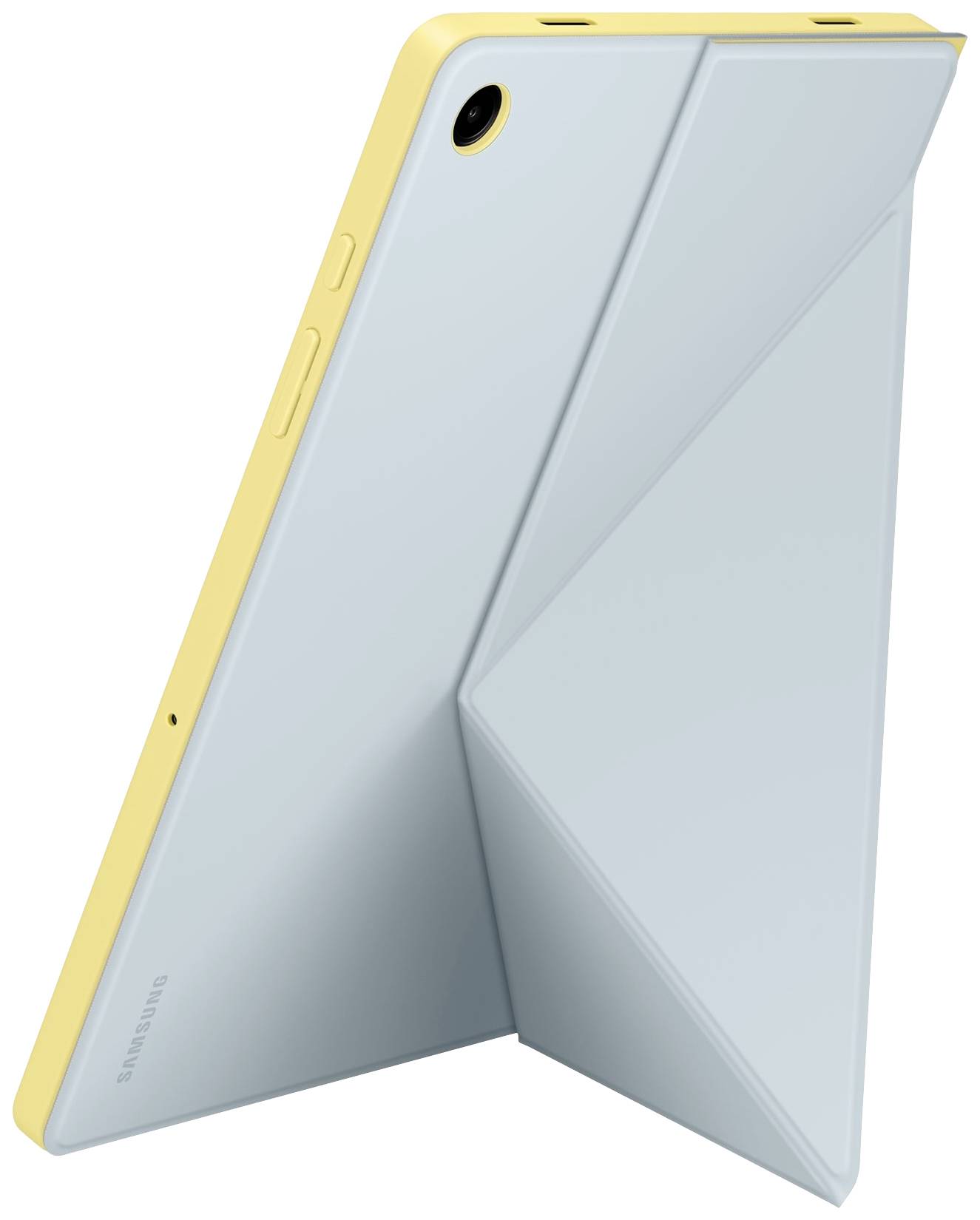 Tablet s žlutým zadním krytem, umístěný na výšku pomocí světle modrého skládaného stojánku.